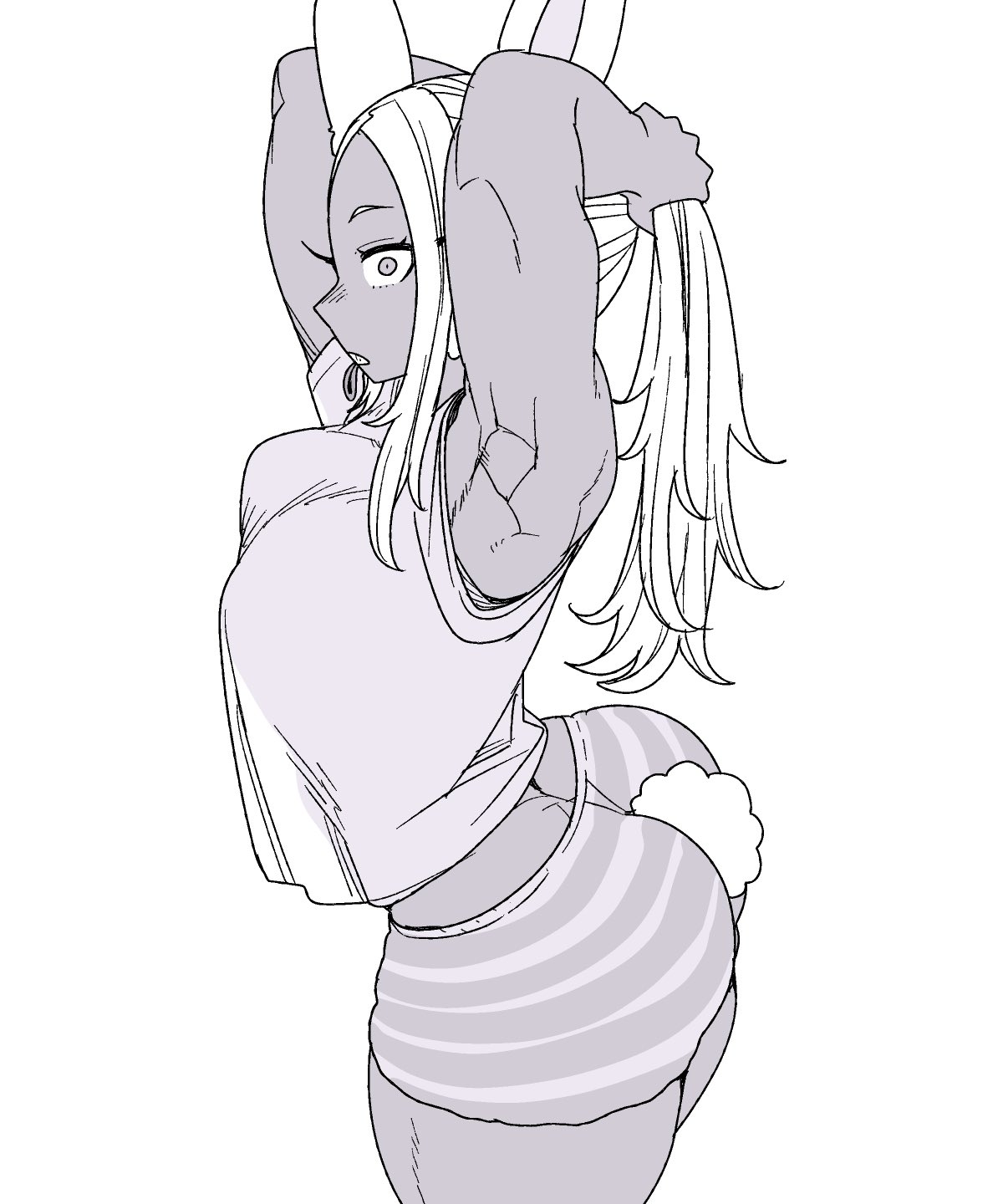 1girls, 2025, 2d, 2d (artwork), armpit, armpits, ass, big ass, big breasts, breasts, bunny ears, bunny tail, dark skin, dark-skinned female, female, female only, fixing hair, heroine, large breasts, long hair, looking at viewer, mirko, miruko, monochrome, my hero academia, questionable, quirked human (my hero academia), realistic proportions, rumi usagiyama, shirt, shorts, shosho oekaki, side view, solo, solo female, standing, straight hair, thick thighs, thighs, white hair