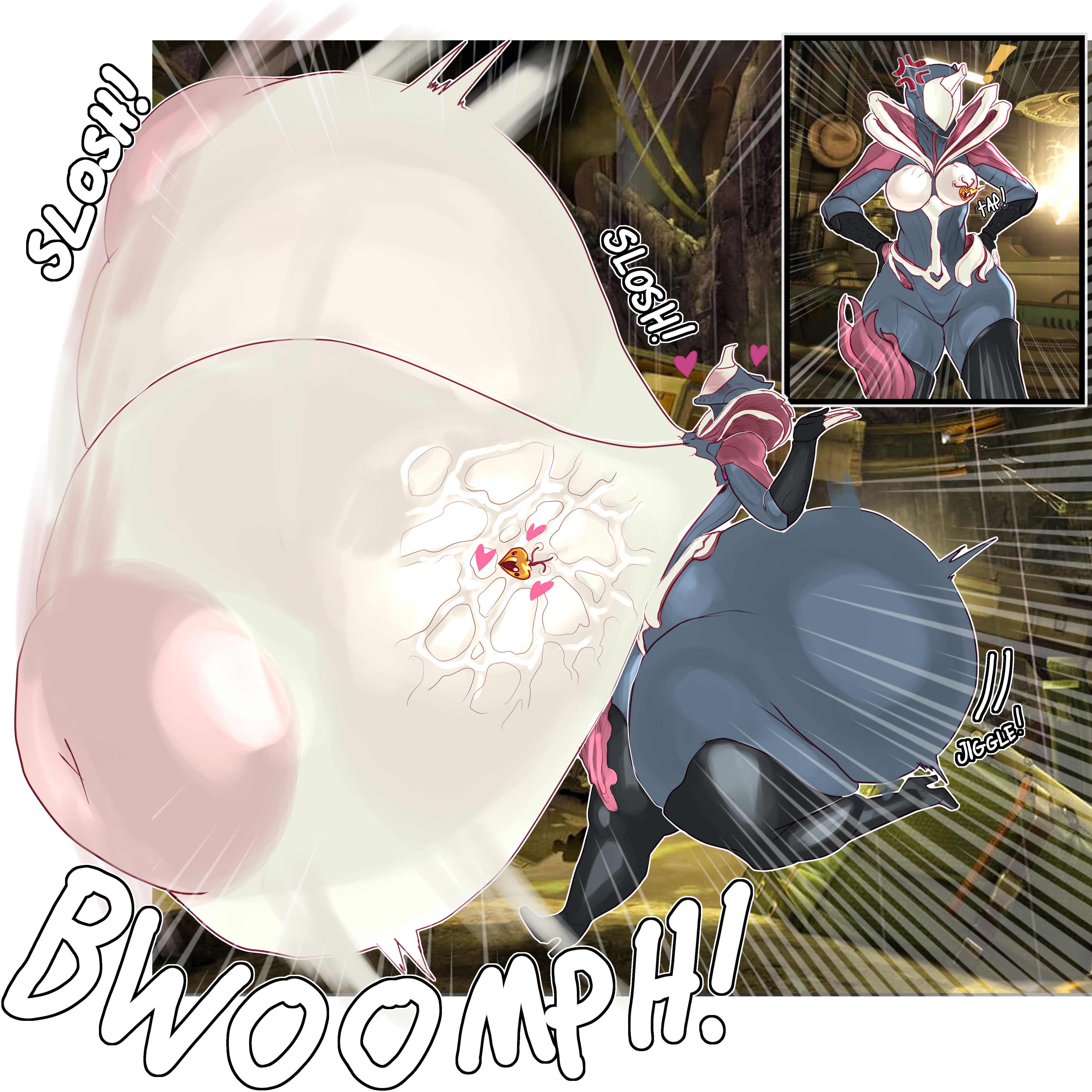 1girls, ass, ass expansion, breast expansion, breast growth, breast growth (enlargement), breasts, female, female only, flamingsanity, humanoid, hyper, hyper ass, hyper breasts, inflation, inverted nipples, puffy areola, saryn (warframe), transformation, warframe