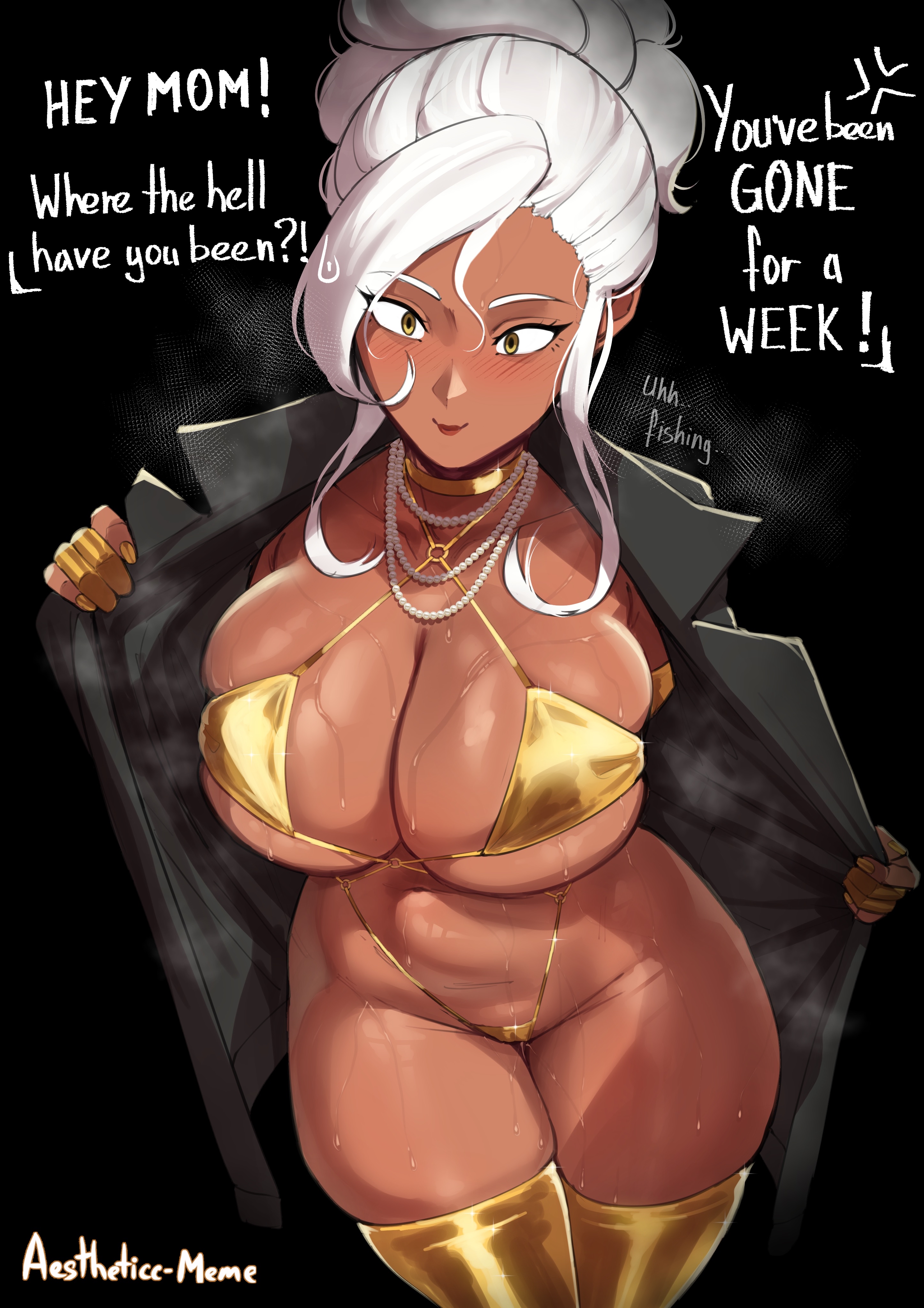 1girls, 2d, 2d (artwork), 2d artwork, aestheticc-meme, big breasts, breasts, color, colored, dark skin, dark-skinned female, dark-skinned sub, female, gold bikini, hi res, huge breasts, looking at viewer, milf, nervous, nervous sweat, older female, sabrina (aestheticc-meme), shiny skin, sweat, sweatdrop, sweating, sweaty, sweaty body, white hair