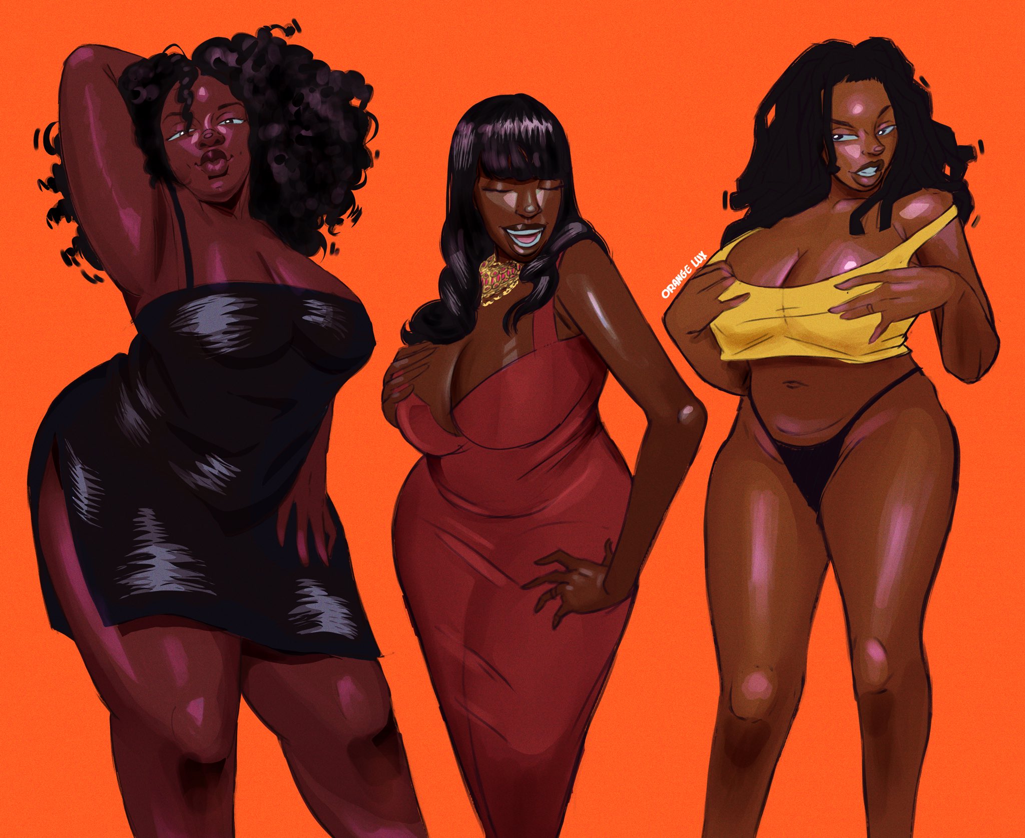 3girls, big breasts, black dress, black hair, black panties, blowing kiss, breasts, brown lips, chubby, chubby female, cleavage, clothed, crop top, dark skin, dark-skinned female, dreadlocks, dress, female, female only, huge breasts, large breasts, long hair, looking at viewer, minidress, multiple females, multiple girls, orange background, orangeluxx, panties, plump, red dress, ringlets, side slit, straight hair, thick lips, thick thighs, very dark skin, voluptuous, voluptuous female, yellow crop top