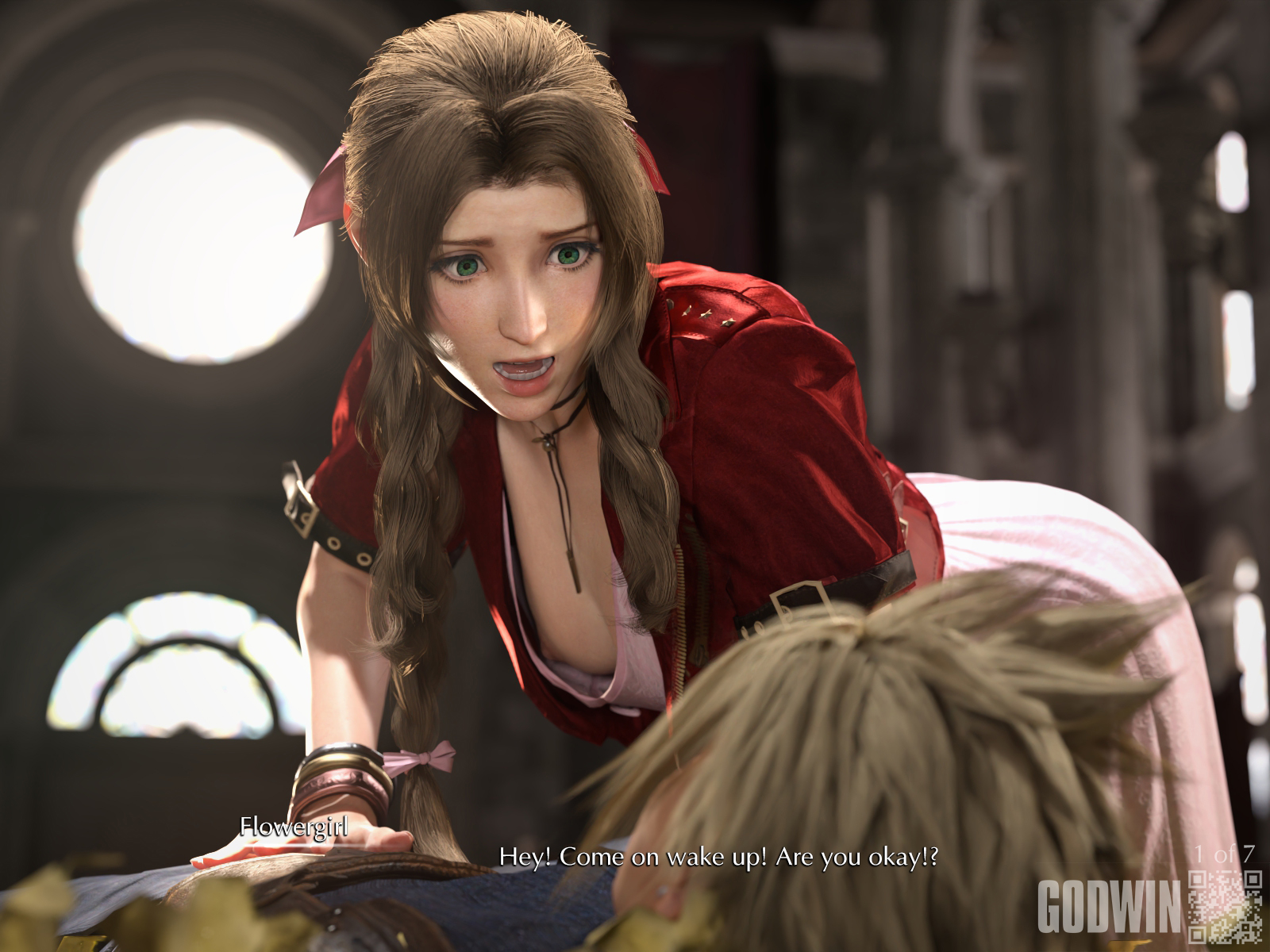 1boy, 1girls, 3d, aerith gainsborough, blonde hair, braid, braided hair, braided ponytail, breasts, brown hair, caption, cleavage, clothed, clothed male, cloud strife, dialogue, female, final fantasy, final fantasy vii, final fantasy vii remake, godwin, green eyes, light skin, light-skinned female, light-skinned male, long hair, looking at another, male, neroxliv, nipple slip, nipslip, small breasts, subtitled, tagme
