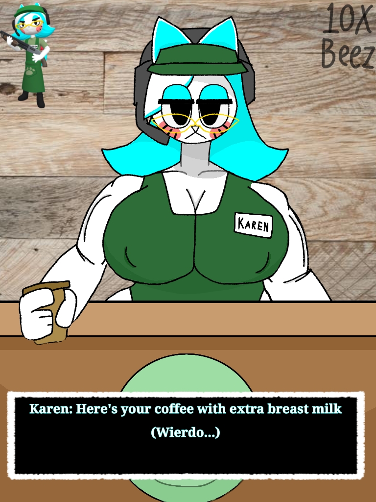 1girls apron apron_only barista big_breasts breasts casual_exposure casual_nudity cat_girl female glasses headphones karen_(smg4) karen_katphish milf mommy smg4