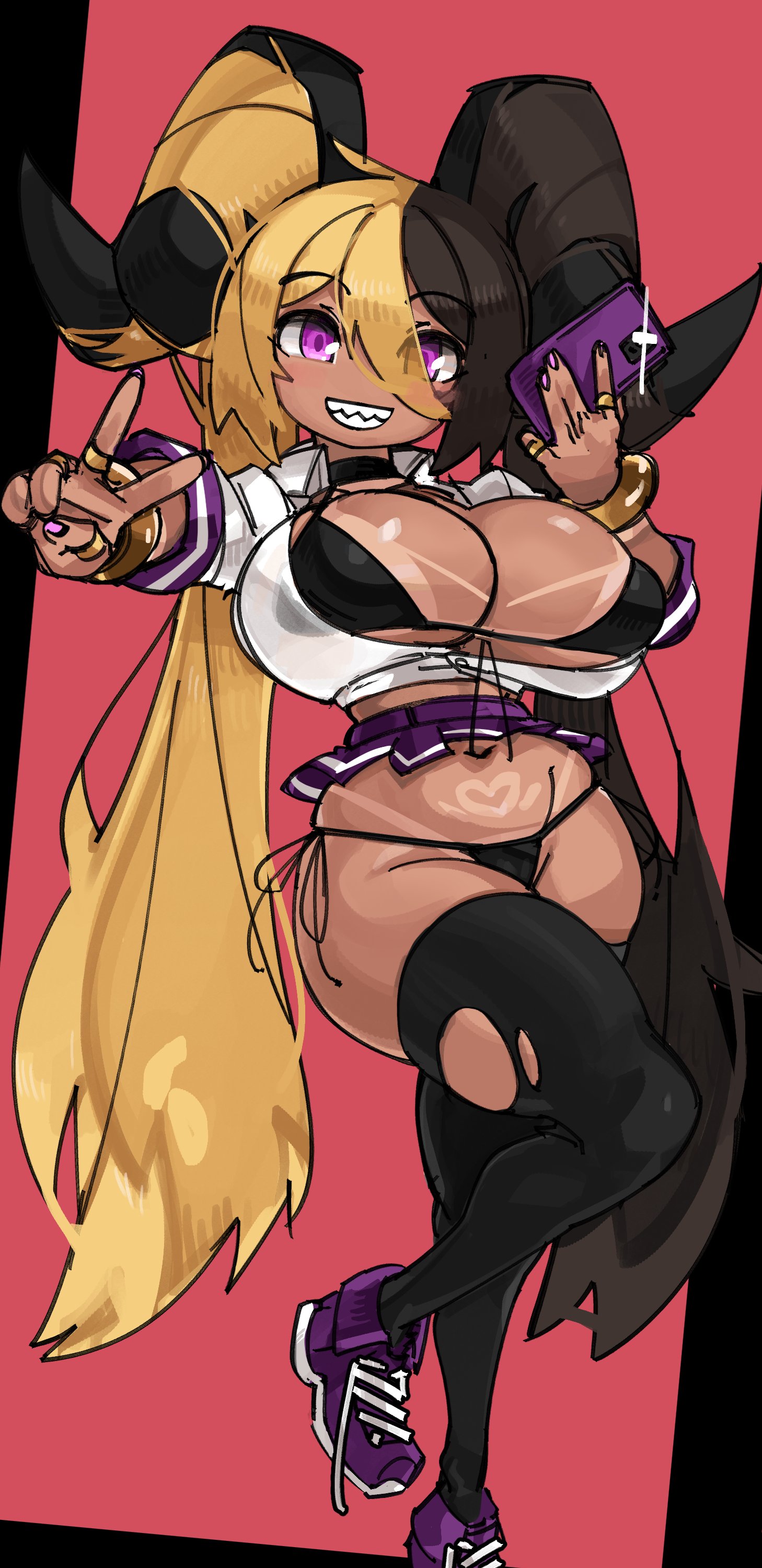 1girls, ahoge, aife (zanamaoria), bent leg, big breasts, big horns, bikini, bikini tan, black thighhighs, blonde hair, bracelet, breasts, brown hair, choker, cleavage, clothing, curved horn, demon, female, female only, hair on horn, holding phone, horns, long hair, looking at viewer, miniskirt, open clothes, original, peace sign, phone, pink eyes, pink nails, ring, rolled up sleeves, selfie, sharp teeth, side-tie panties, smiling, solo, solo female, succubus, tan skin, tanline, teeth clenched, thighhighs, thumb ring, torn thighhighs, two-tone hair, very high resolution, zanamaoria