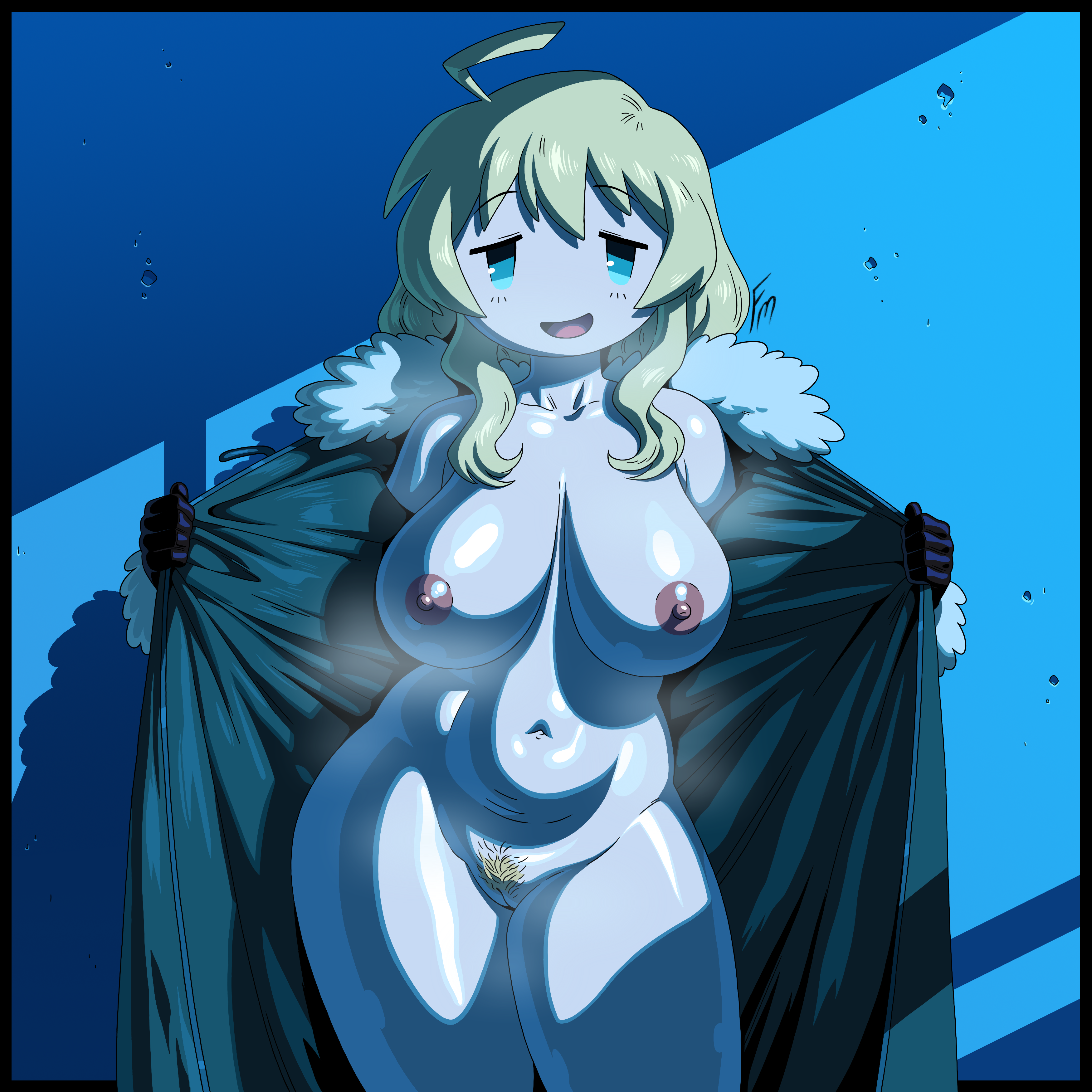 1girls, ahoge, bare shoulders, big breasts, blonde hair, blue eyes, breath, coat, collarbone, cowboy shot, female, female only, flashing, fungus-man, gloves, large breasts, light skin, light-skinned female, medium hair, naked, naked female, navel, nipples, nude, nude female, open mouth, plump, pubic hair, self upload, shiny skin, shoujo shuumatsu ryokou, smile, solo, solo female, steam, steaming body, thick thighs, undressing, voluptuous, wide hips, yuuri (shoujo shuumatsu ryokou)