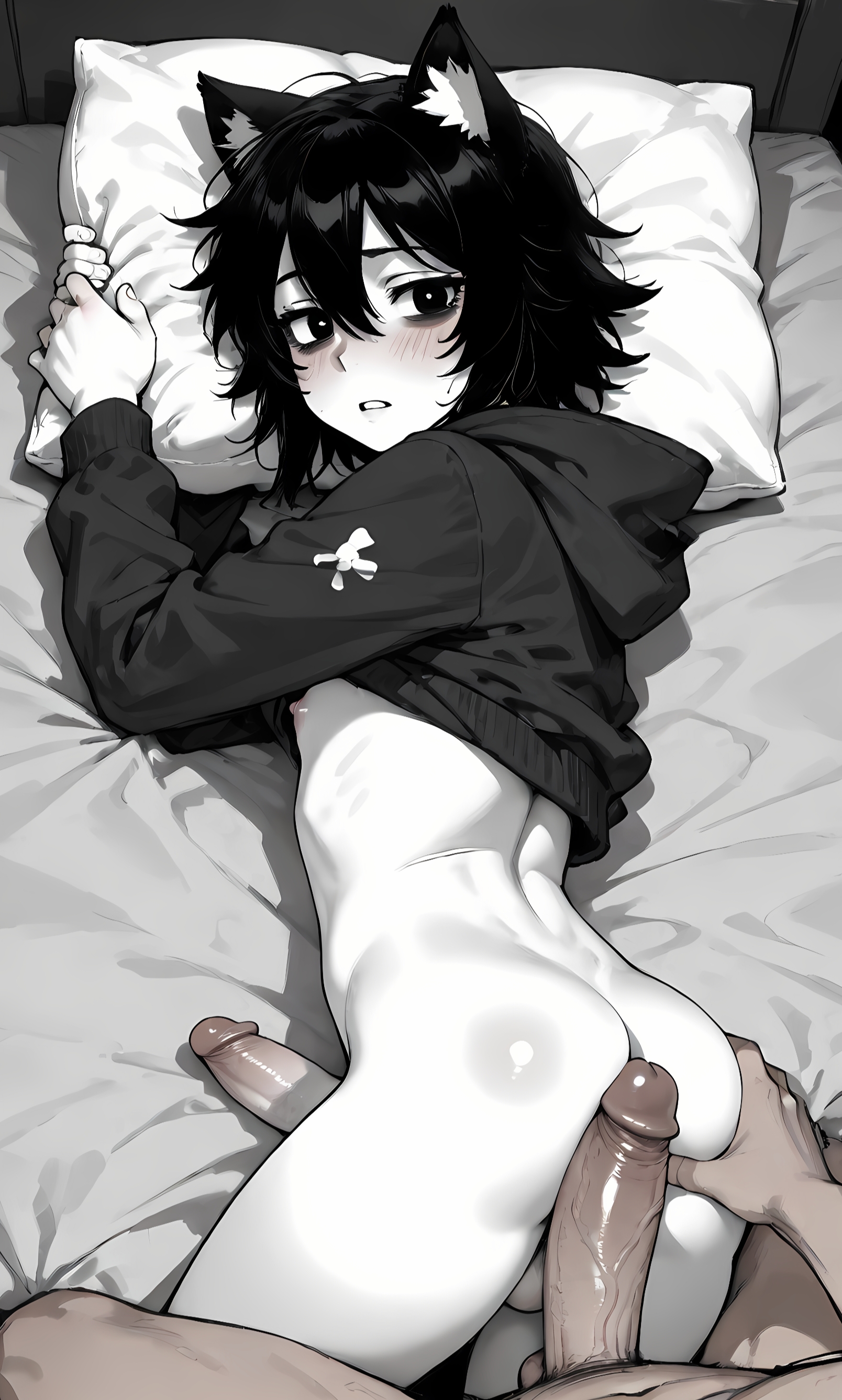 ai generated, balls, big penis, black eyes, black hair, cat boy, cat ears, catboy, doomer boy, femboy, lalass, lying, lying on bed, male, monochrome, naked, naked male, penis, wojak comics