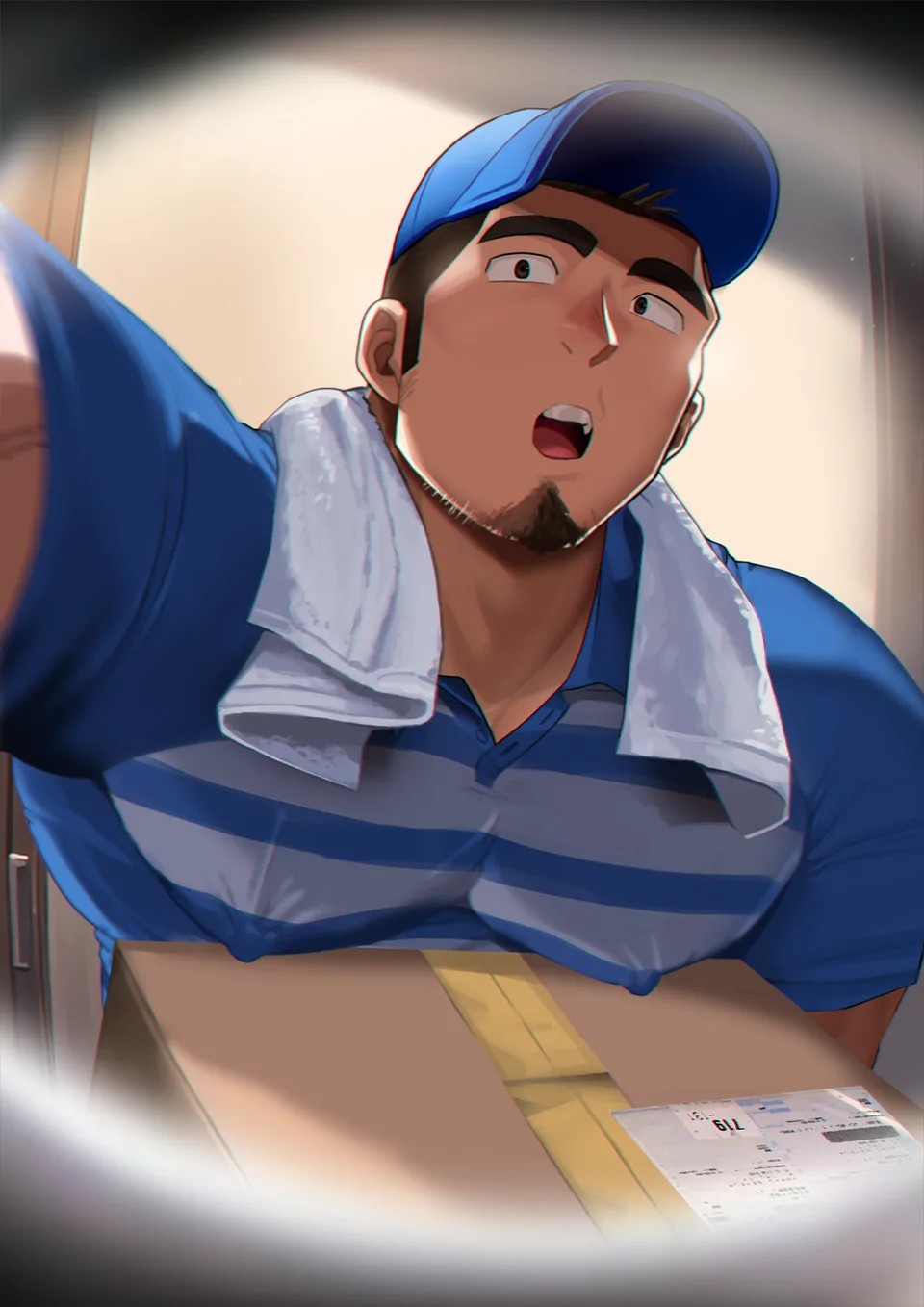 1boy absol_(dkqthf) bara beard beefy big_breasts black_eyes black_hair blue_clothing breasts cap cardboard_box clothed daddy delivery_employee dilf erect_nipples erect_nipples_under_clothes gay hi_res hunk looking_at_viewer male male_breasts male_only maou_abusorun masculine_male mature_male muscles muscular muscular_male nipples_visible_through_clothing offscreen_character open_mouth oppai original original_character package pecs peephole pov shaved_side short_hair thick_eyebrows tough_guy towel towel_around_neck yaoi