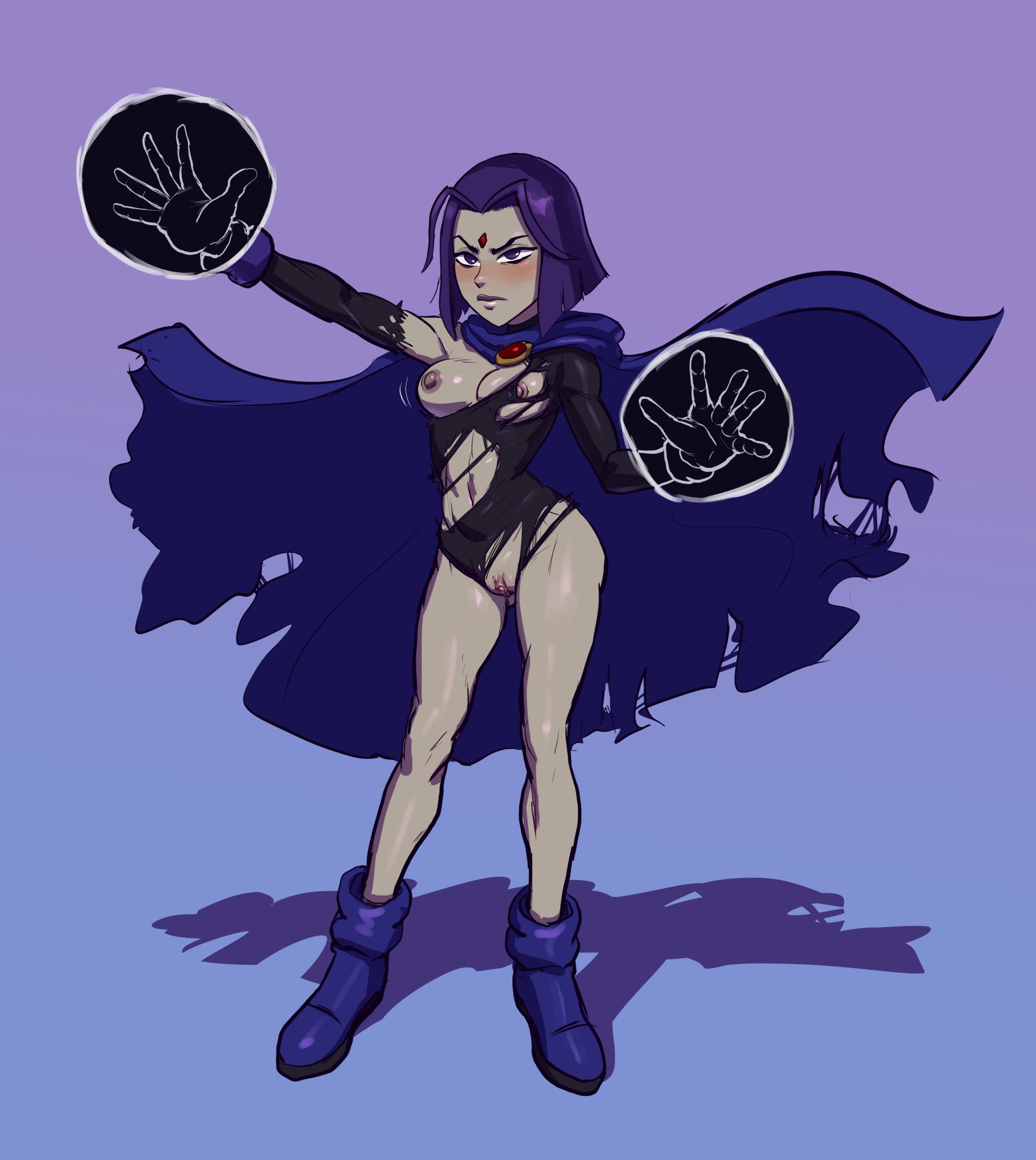1girls, areolae, battle damage, big breasts, blush, breasts, cartoon network, dc, dc comics, demon, demon girl, female, female only, forehead jewel, grey skin, nipples, partially nude, pears (artist), purple eyes, purple hair, rachel roth, raven (dc), short hair, simple background, solo, straight hair, superheroine, teen titans, torn clothes