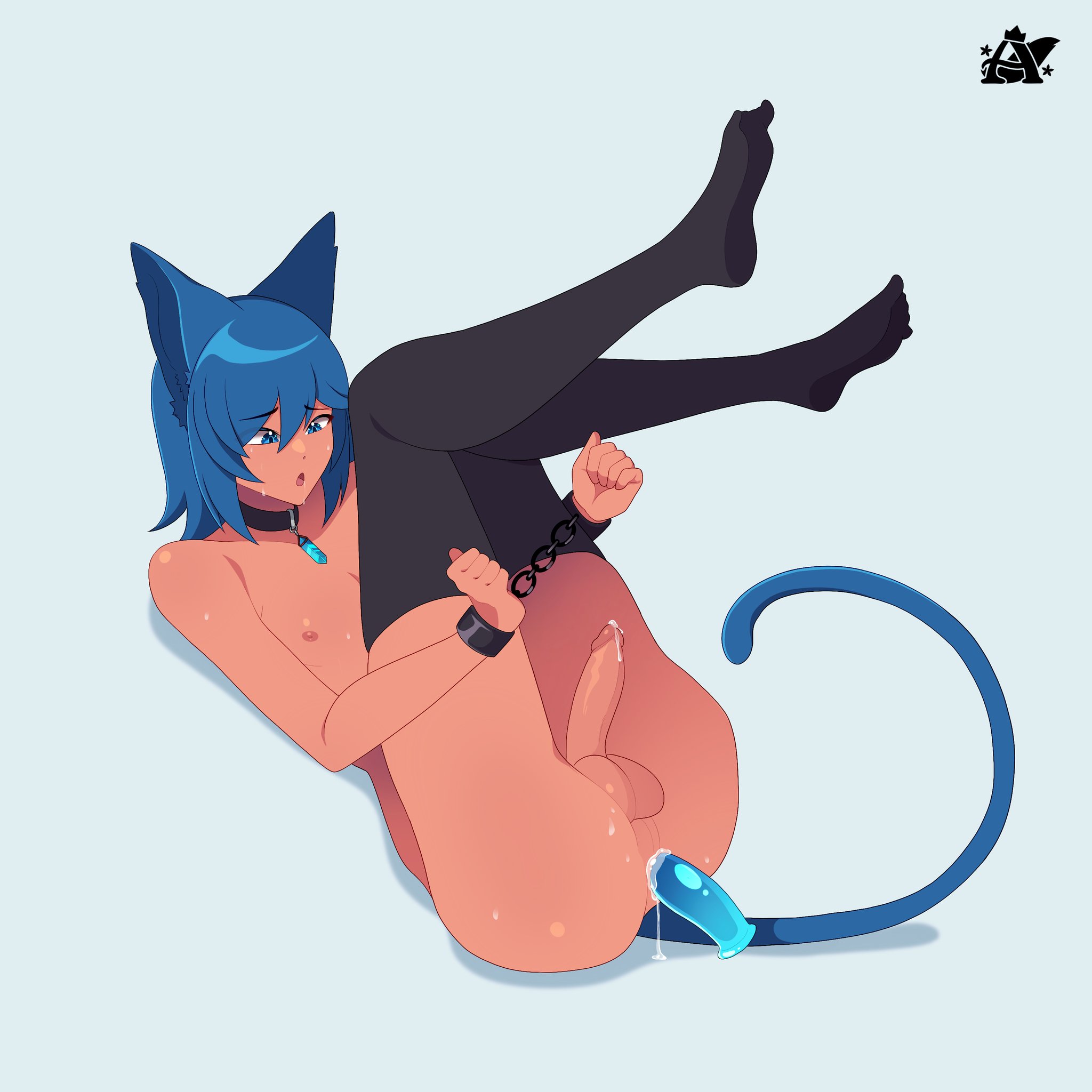 1boy, anal sex, aruartz, ass, balls, black hair, black socks, black stockings, blue ears, blue eyes, blue hair, blue tail, bondage, bound, bound wrists, cat boy, catboy, choker, commission, dark skin, dark-skinned femboy, dark-skinned male, dark-skinned sissy, dildo, dildo in ass, feet, feet up, femboy, gay, handcuffs, leaking cum, legs up, male, male only, malesub, necklace, nipples, on back, penis, runicraine, solo, stockings, tan body, virtual youtuber, vtuber, watermark, yaoi