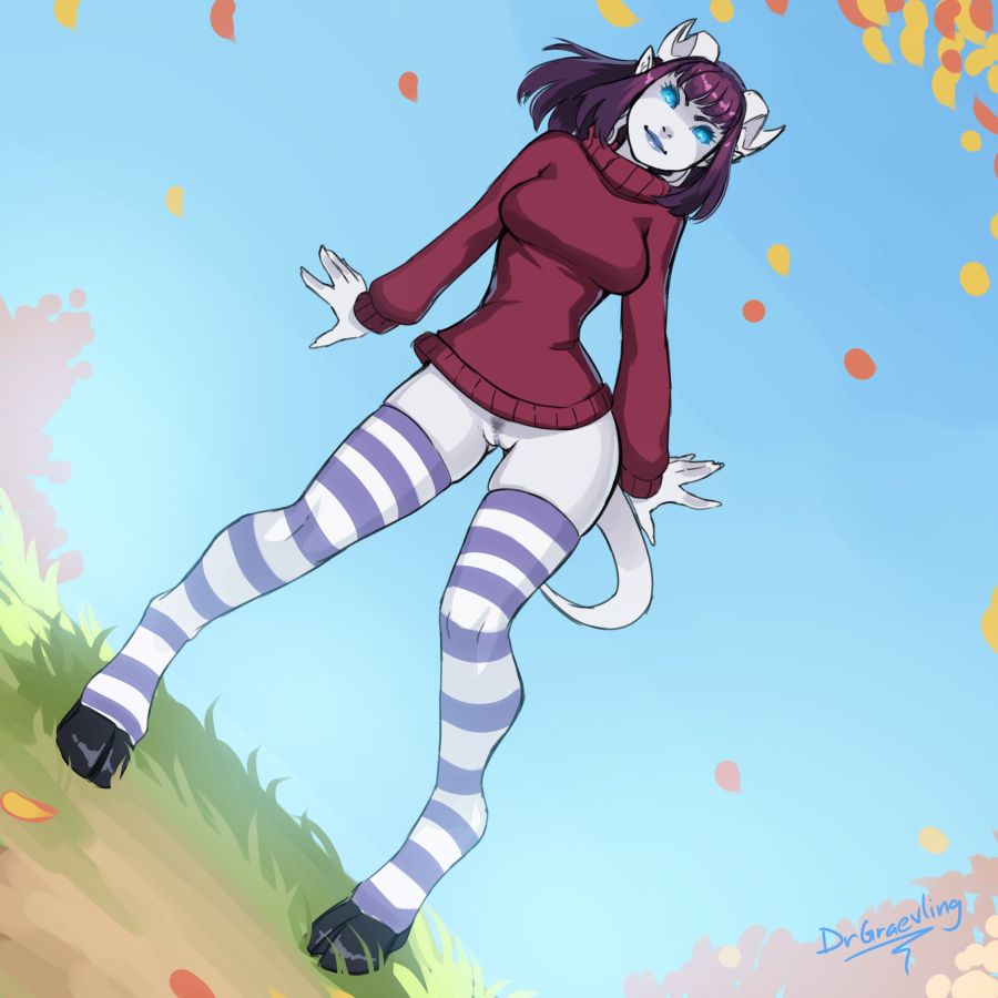 1girls, bottomless, dr graevling, draenei, female, female pubic hair, hooves, horns, monara, pubic hair, pussy, red sweater, solo, stripped thighhighs, sweater girl, white skin, world of warcraft