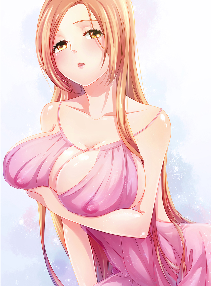 1girls 57_(lme_piggy117) areolae arm_under_breasts bare_shoulders big_breasts bleach blush breast_lift breasts dress female female_only huge_breasts inoue_orihime large_breasts long_hair looking_at_viewer nipples open_mouth orange_hair see-through see-through_clothing tongue tongue_out visible_nipples