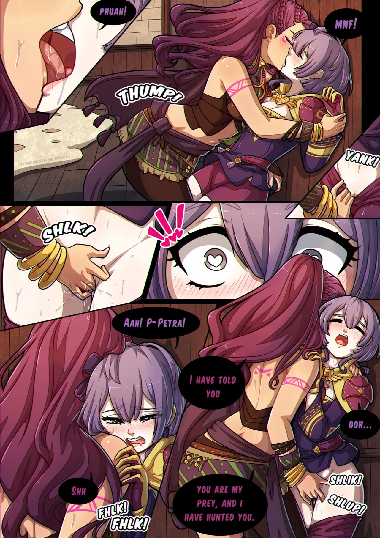 !!! 2girls against_wall arm_tattoo bernadetta_von_varley blush bodily_fluids bracelet braid claiming closed_eyes comic dialogue english_text female female_only femdom fingering fingering_partner fingering_pussy fire_emblem fire_emblem:_three_houses french_kiss friends_with_benefits gentle_femdom heart-shaped_pupils highres kinkymation kissing lezdom lezsub long_hair multiple_girls narrowed_eyes nintendo no_pubic_hair pants_down petra_macneary pink_hair post-timeskip purple_hair pussy_juice royalty tan_skin text text_bubble yuri