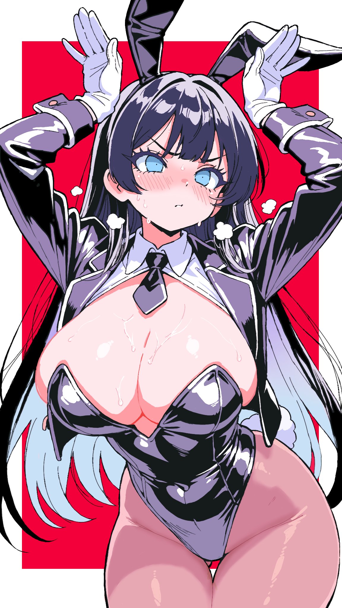 ado (music-artist), black hair, blue eyes, blush, breasts, bungeiman masa, bunny ears, bunny girl, bunnysuit, chando (ado), cleavage, female, frown, frustrated, giant breasts, huge breasts, leaning forward, long hair, necktie, original, original character, rabbit pose, red background, shrug (clothing), simple background, very long hair, white border, white gloves