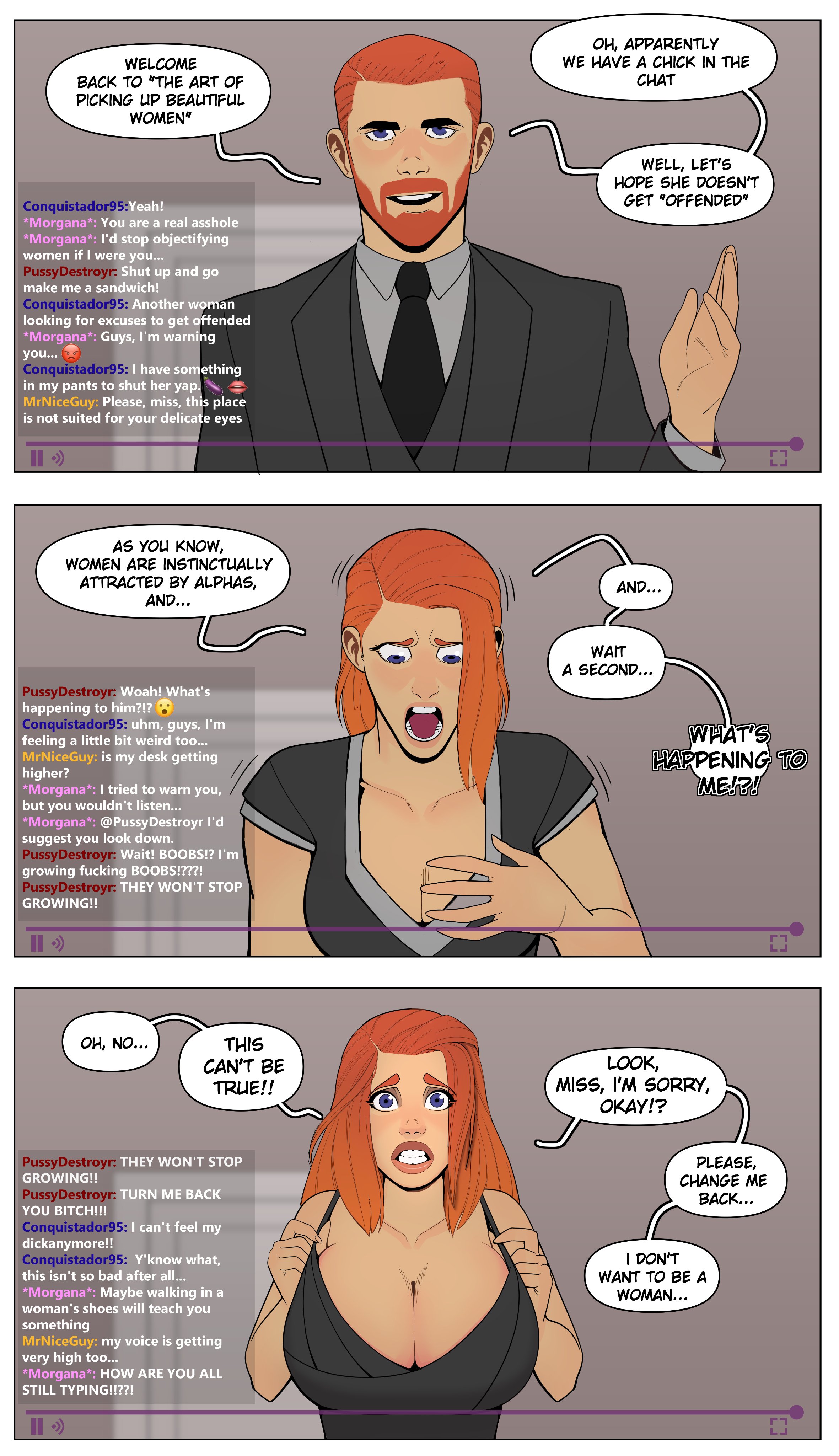 1boy, 1girls, breast expansion, breast growth, breast growth (enlargement), breasts, castledolphyn, comic, embarrassed, female, gender transformation, genderswap, genderswap (mtf), ginger hair, hair growth, internet, livestream, male, mtf transformation, original, original character, rule 63, transformation