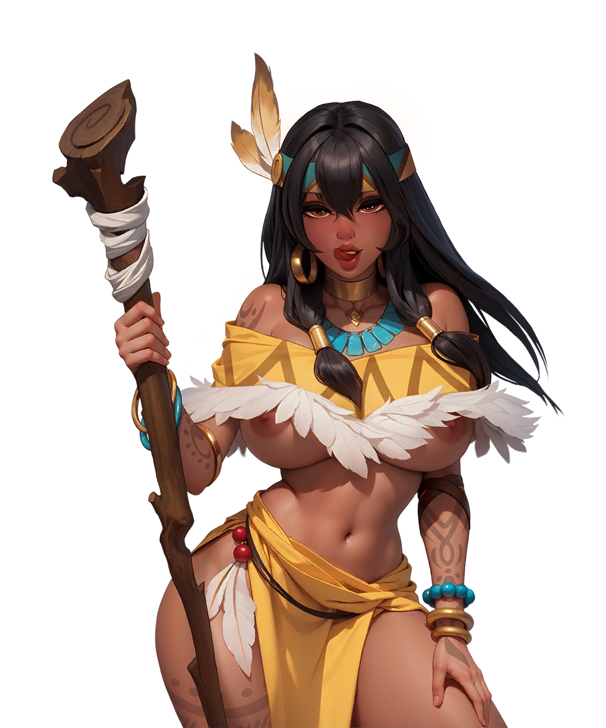 ai generated, bimbo, bimbo lips, breasts, busty, female, hands on hips, hi res, hip grab, hips, hips wider than shoulders, horny villa, licking lips, native american, native american female, nipple slip, nutaku, pocahontas (cosplay), south american, tounge out, underboob, zela (horny villa)