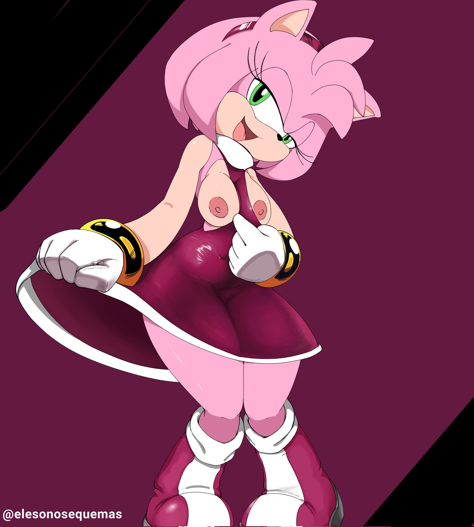 amy rose, boots, breasts, elesonosequemas, female, nipples, sega, sonic (series)