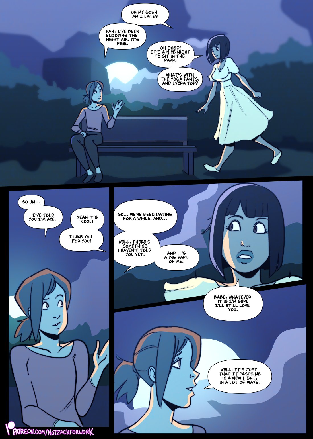 1boy, 1girls, 2girls, bisexual, breast expansion, breast growth, breast growth (enlargement), breasts, cleavage, comic, female, gender transformation, genderswap, hair growth, huge breasts, male, moon, mtf transformation, notzackforwork, original, rule 63, transformation, wholesome