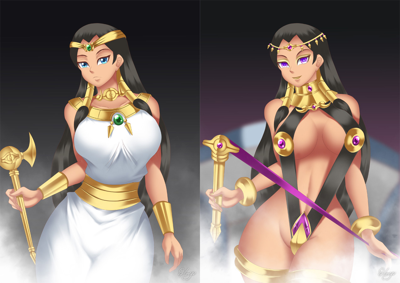 alternate breast size, before and after, belly button, big breasts, black hair, blue eyes, bracelets, brainwashing, breasts, dark skin, dark-skinned female, female, female only, haryudanto, isis ishtar, jewelry, large breasts, mind control, slave, yu-gi-oh!