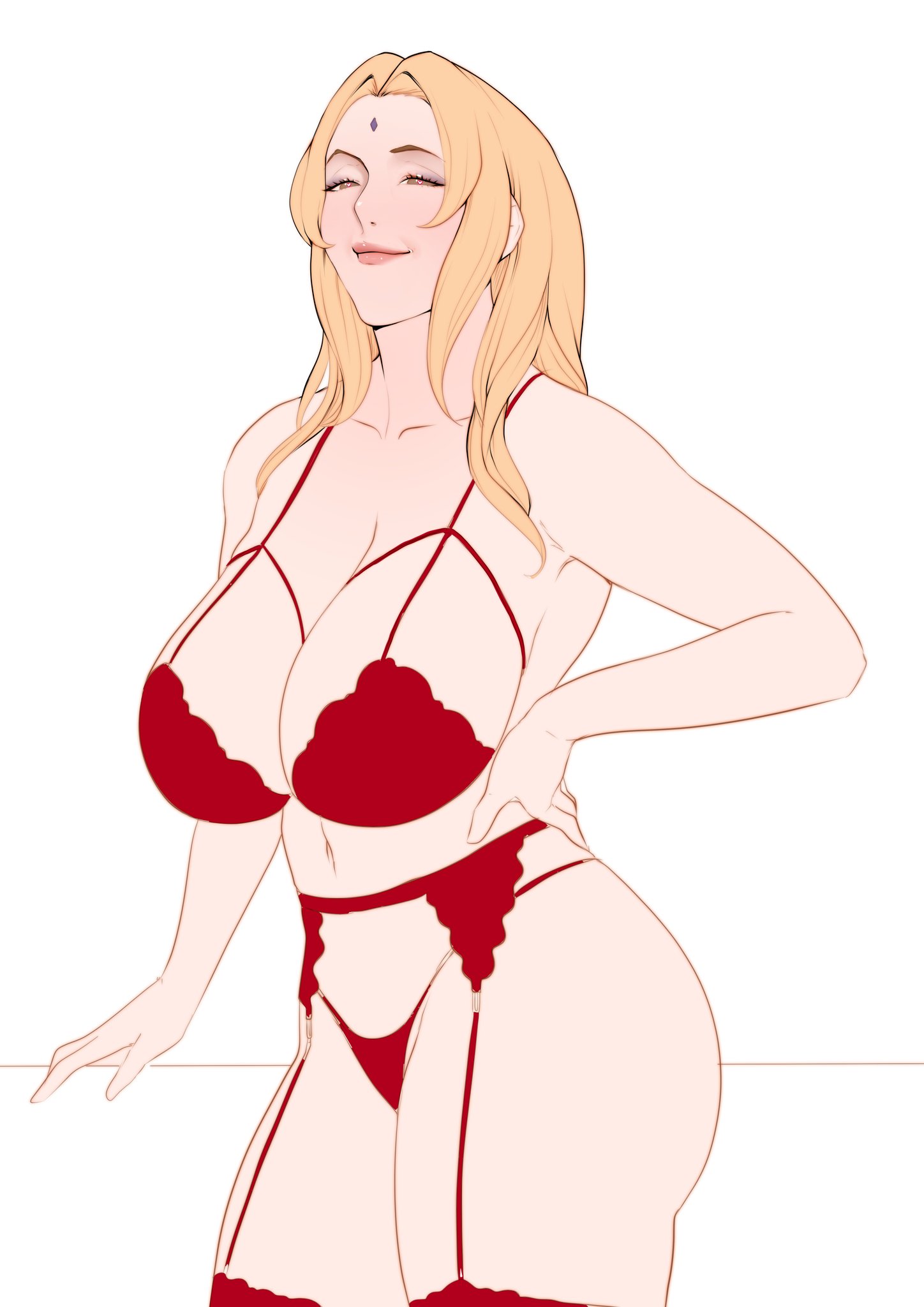 1girls, big breasts, blonde hair, bra, breasts, cleavage, commentary, eyeshadow, facial mark, female, forehead mark, hand on hip, heart, heart-shaped pupils, highres, huge breasts, jnsdh, large breasts, lingerie, lips, looking at viewer, makeup, mature, mature female, medium hair, naruto, naruto (series), naruto shippuden, nose, panties, red bra, red legwear, red panties, sketch, smile, smug, solo, spaghetti strap, standing, symbol commentary, symbol-shaped pupils, thighhighs, tsunade, underwear