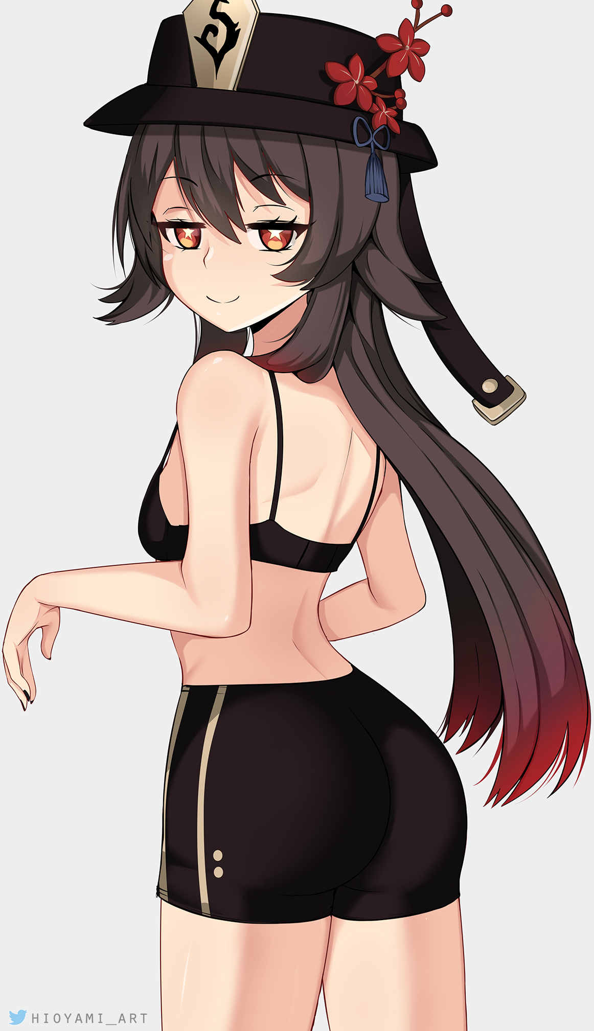 1girls, ass, bra, breasts, brown hair, bubble ass, female, female only, genshin impact, hat, highres, hioyami, hu tao (genshin impact), looking at viewer, naughty face, red eyes, short shorts, shorts, small breasts, smile, smug