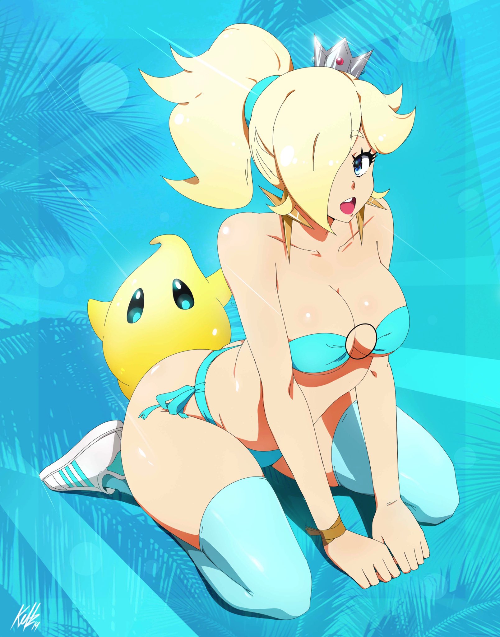 1girls, 1other, ambiguous gender, bikini, blonde hair, blue bikini, blue eyes, breasts, cleavage, female, female focus, full body, kellzallday, luma, mario (series), nintendo, open mouth, ponytail, princess rosalina, shoes, stockings, swimsuit, swimwear, thighhighs, tied hair