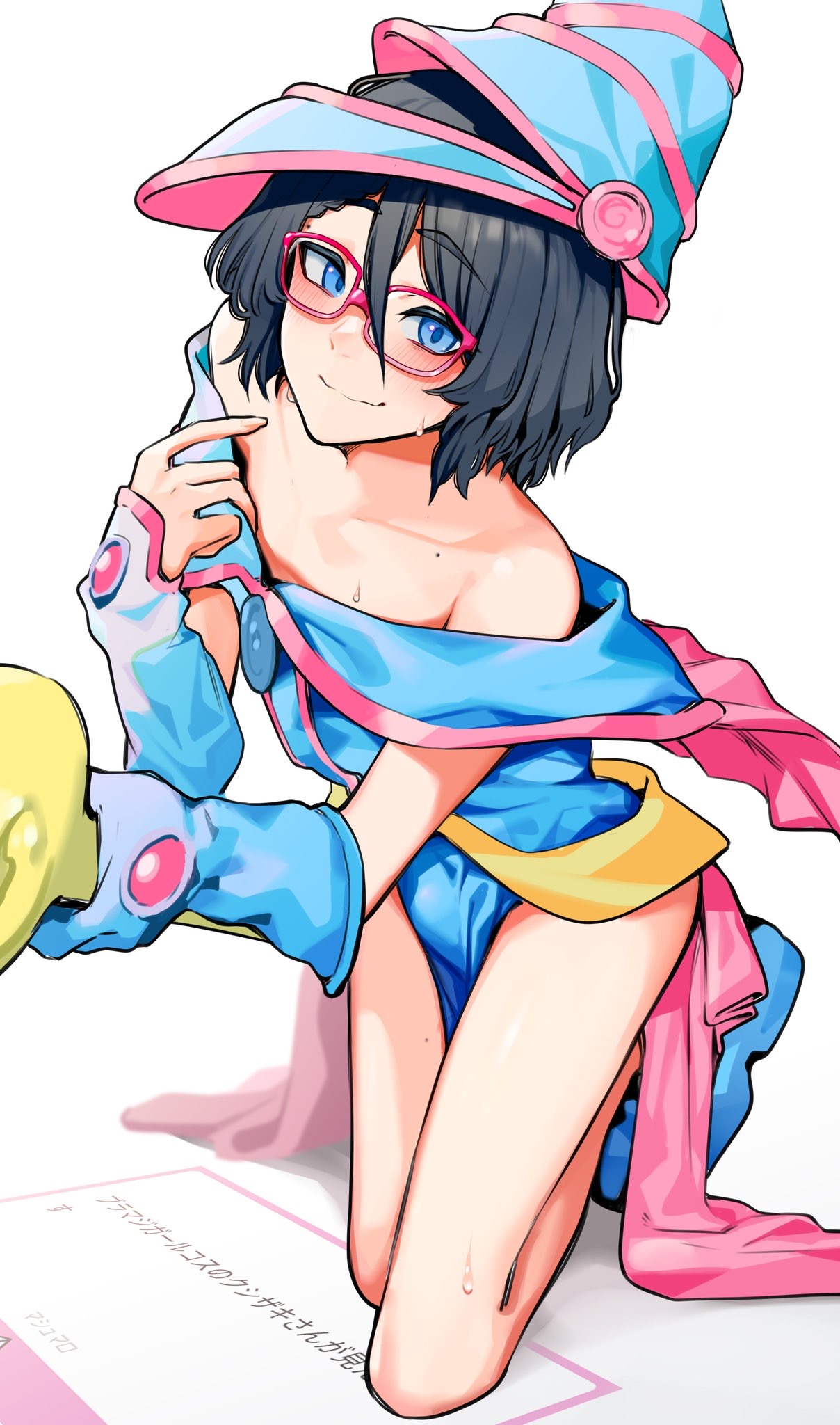 1boy, artist self-insert, collarbone, cosplay, crossdressing, dark magician girl, female, femboy, fully clothed, glasses, kusi zaki, kusi zaki (character), long legs, male, male only, off shoulder, pelvic curtain, skinny, solo, virtual youtuber, yu-gi-oh!