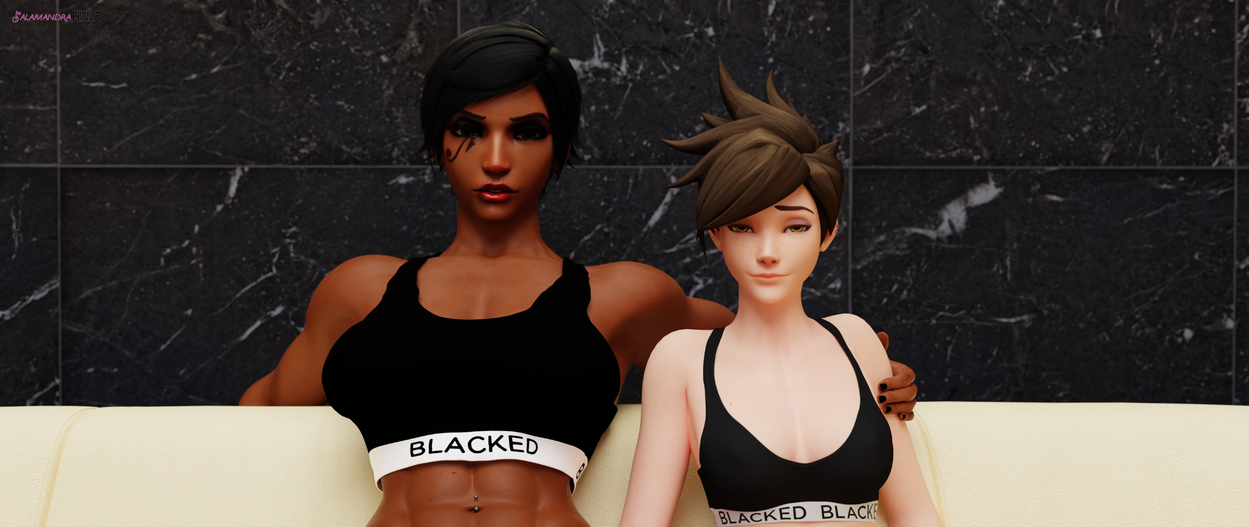 2girls, 3d, 3d (artwork), black hair, blacked, blacked clothing, breasts, brown hair, dark skin, dark-skinned female, face tattoo, female, female only, hand on shoulder, large breasts, light skin, light-skinned female, overwatch, pale skin, pale-skinned female, pharah, salamandraninja, short hair, tracer