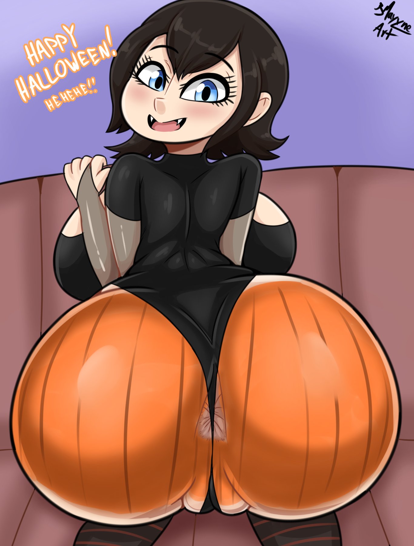 1girls, anus, ass, big ass, big butt, bmayneart, breasts, bubble ass, bubble butt, english text, female, female only, hotel transylvania, huge ass, huge breasts, looking at viewer, mavis dracula, painted butt, pumpkin butt, solo, text, triangular anus, voluptuous