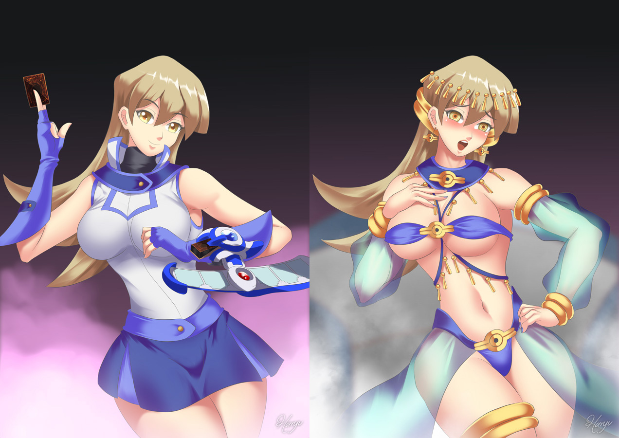alexis rhodes, amber eyes, before and after, belly button, belly dancer, belly dancer outfit, big breasts, blonde hair, brainwashing, breasts, female, female only, harem girl, harem outfit, haryudanto, holding card, jewelry, mind control, slave, yu-gi-oh!, yu-gi-oh! gx