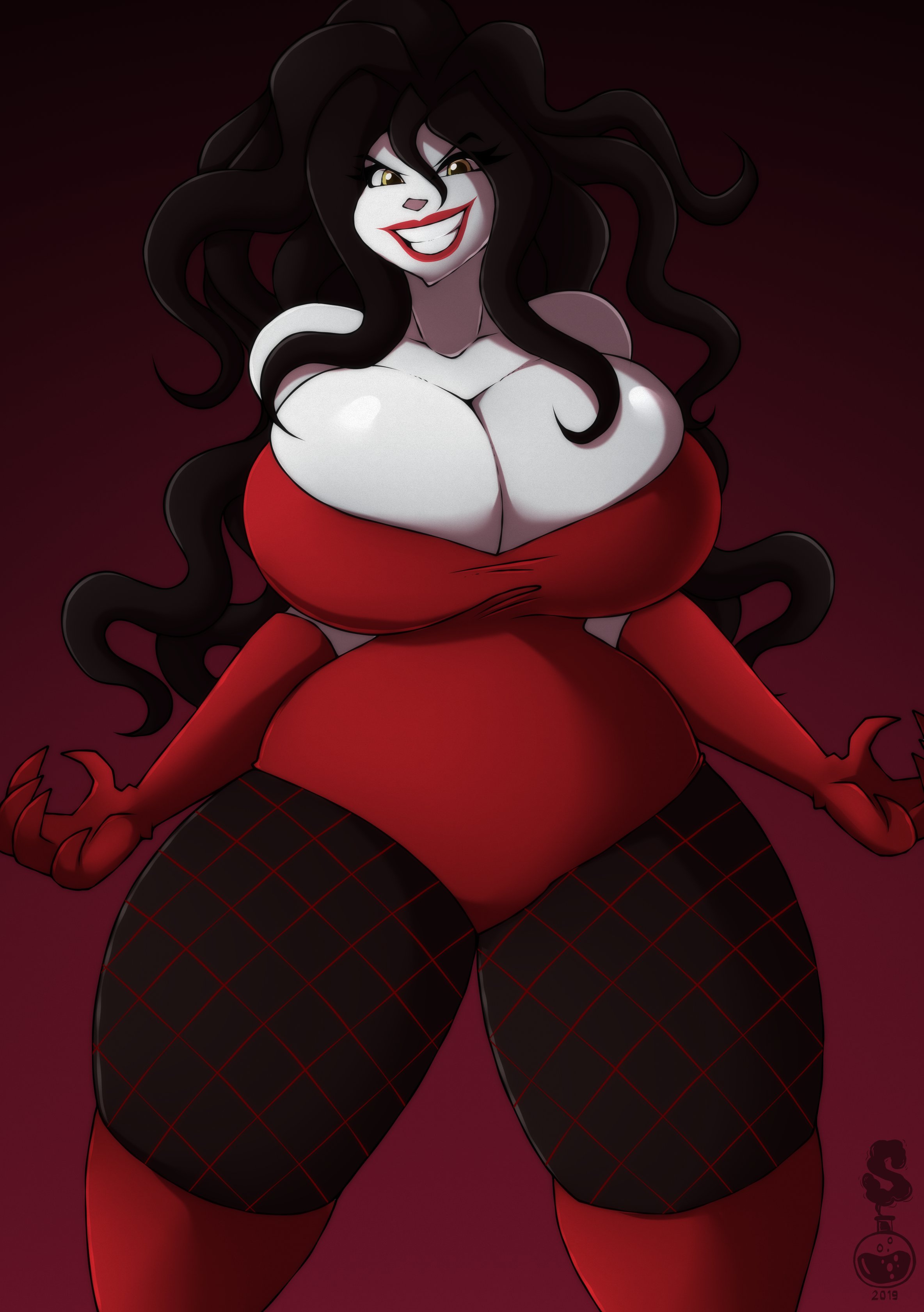 1girls, 2019, absurd res, alternate version available, big breasts, black hair, breasts, busty, cartoon network, claws, cleavage, curvaceous, curvy, curvy body, curvy female, curvy figure, digital drawing (artwork), digital media (artwork), elbow gloves, female, female focus, female only, fingers, fishnet, fishnet legwear, gloves, grey body, grey skin, hi res, hourglass figure, huge breasts, hyper thighs, large breasts, leotard, lips, long hair, looking at viewer, massive thighs, powerpuff girls, red background, sedusa, simple background, slim waist, small waist, smile, solo, standing, superix, teeth, thick thighs, thunder thighs, voluptuous, watermark, wide hips, yellow eyes