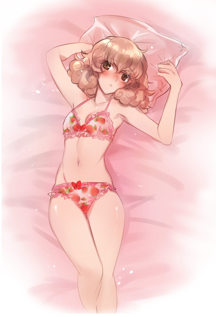 1girls, blush, breasts, brown eyes, drawfag, female, fire emblem, fire emblem echoes: shadows of valentia, genny (fire emblem), highres, lingerie, looking to the side, nintendo, on back, on bed, pillow, pink hair, small breasts, solo, solo female, thighs, underwear