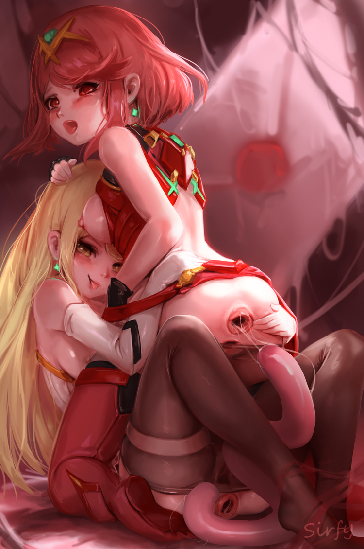 2girls, anal, anal juice, anus, ass, ass juice, dildo, female, gaping, gaping anus, multiple females, multiple girls, mythra, nipples, pyra, sirfy, spread anus, spread ass, xenoblade (series), xenoblade chronicles 2