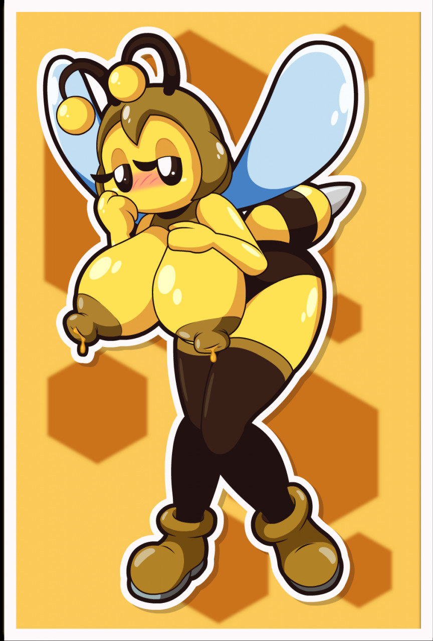 1girls antennae_(anatomy) anthro arthropod bedroom_eyes bee big_breasts blush bodily_fluids breasts brown_hair bzzap! clothing exposed_breasts female female_only footwear hair half-closed_eyes hand_on_breast hi_res hymenopteran insect_wings insects lactating lactating_honey lactation legwear mario_(series) narrowed_eyes nintendo nipples no_mouth no_nose non-mammal_breasts paper_mario shoes simple_background solo stinger stockings thick thick_thighs thigh_highs thisnameistaken topless unusual_lactation video_games wide_hips wings yellow_body