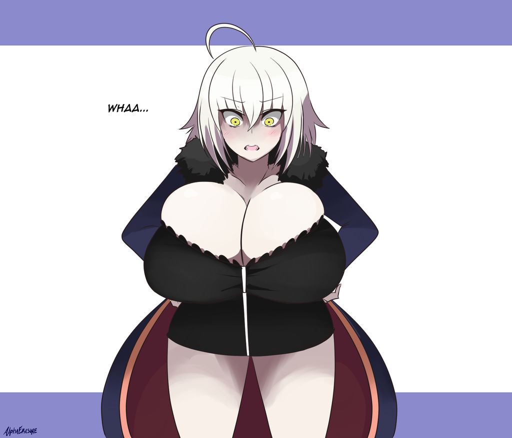 1girls, 2019, alphaerasure, blush, breast expansion, breast growth, breast growth (enlargement), breasts, bursting breasts, cleavage, fate (series), female, fur trim, huge breasts, jeanne alter, overflowing breasts, short hair, tagme, white hair, yellow eyes