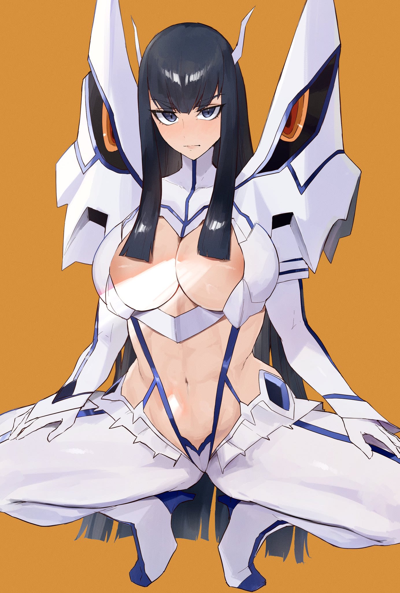 1girls, 2020s, 2023, 2d, 2d (artwork), black hair, black-haired female, breasts, cleavage, cleavage cutout, curvy, eyelashes, fanart, female, female focus, female only, junketsu, kataku musou, kill la kill, kiryuuin satsuki, light skin, light-skinned female, lips, lipstick, long hair, looking at viewer, pussy, squatting, thick thighs, thighs, vagina, vagina visible through clothing, very long hair, yellow background