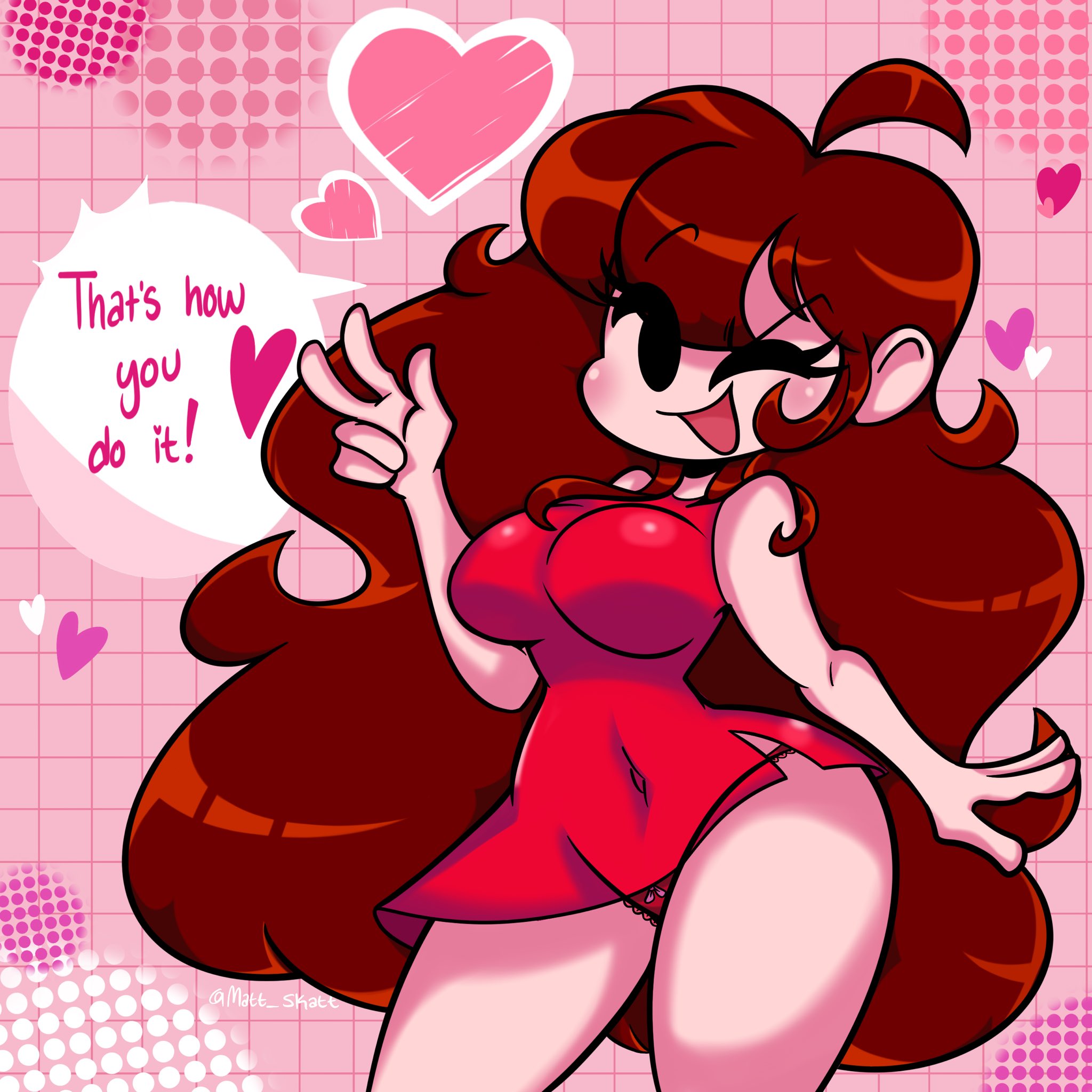 1girls, blush, bow panties, breasts, brown hair, clothed, dialogue, english text, female, friday night funkin, girlfriend (friday night funkin), matt skatt, minidress, panties, picot trim, picot trim panties, red panties, solo, text, thick thighs, thighs, upskirt