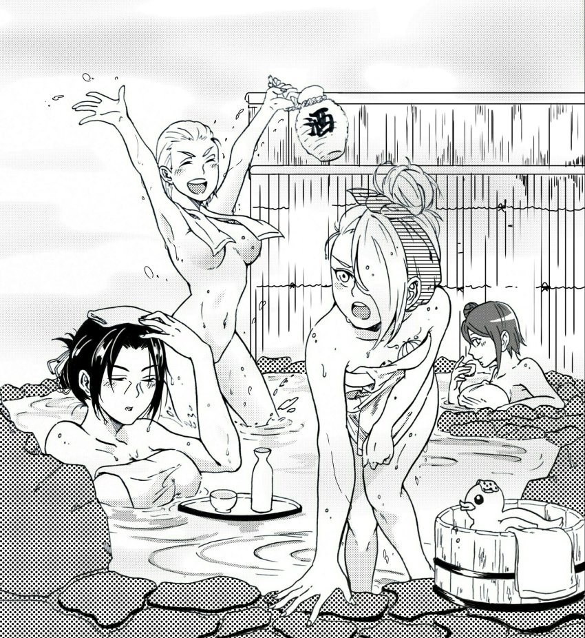 4girls, akatsuki (naruto), artist request, breasts, deidara, female, female only, genderswap, genderswap (mtf), hidan, konan, monochrome, naked, naruto, naruto (series), naruto shippuden, onsen, rule 63, source request, towel, uchiha itachi, water