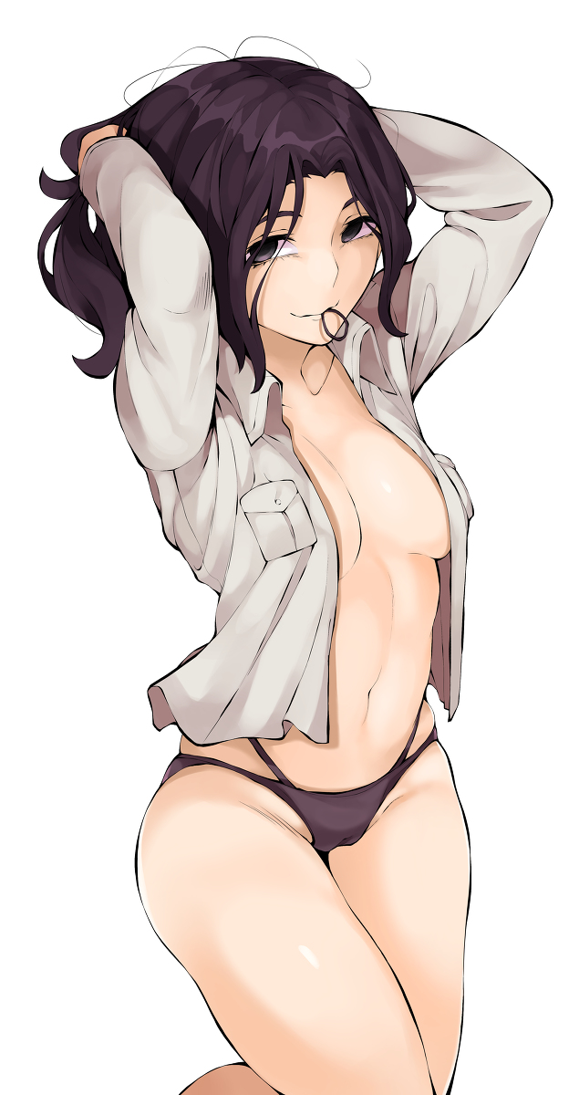 1girls arms_up attack_on_titan black_eyes black_hair black_panties cameltoe cleavage female female_only gongtak hair_tie hands_behind_head happy looking_at_viewer loose_clothes medium_hair midriff open_shirt pieck_finger skindentation smile standing thighs