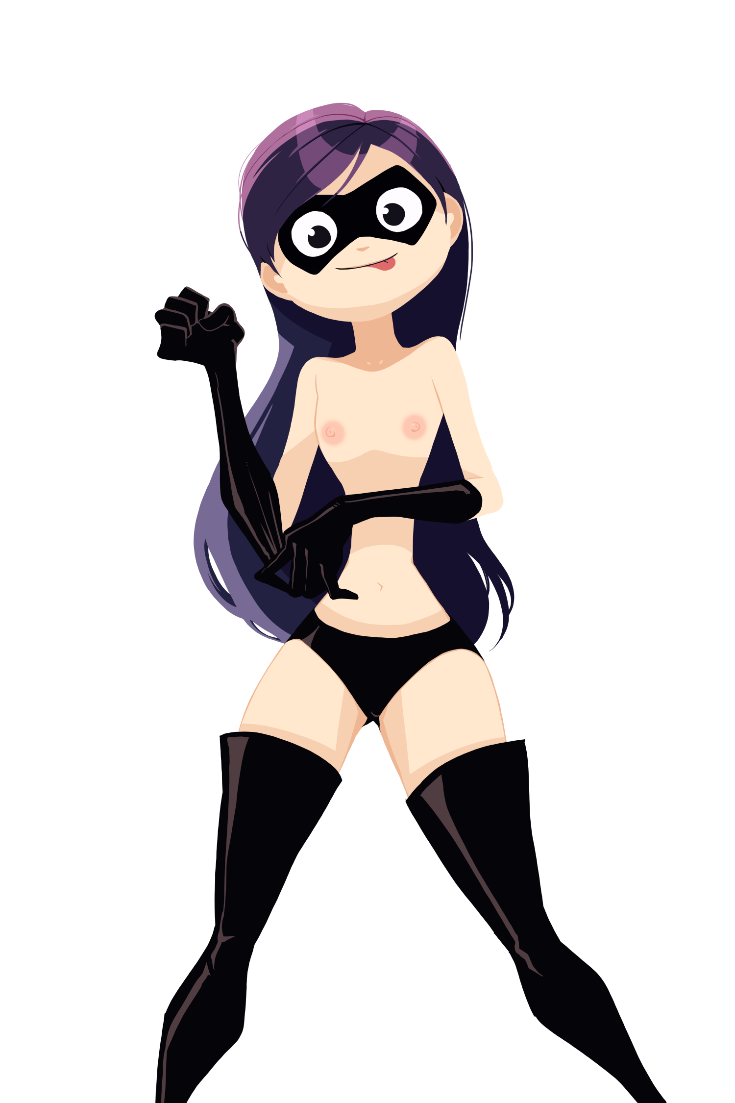 1girls, boots, breasts, clothing, disney, elbow gloves, facemask, female, female only, footwear, gloves, handwear, human, looking at viewer, mask, nipples, pixar, pov, solo, straight hair, the incredibles, tongue, tongue out, violet parr, white background