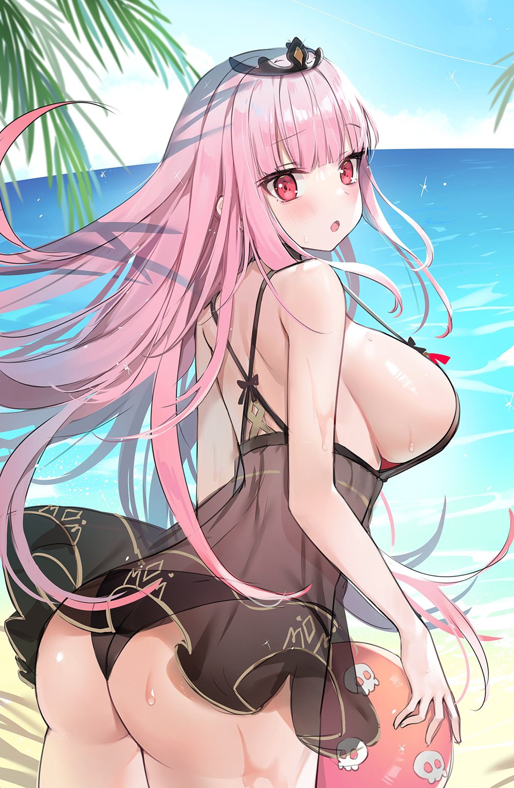 1girls arched_back ass ayamy babydoll ball bangs bare_shoulders beachball big_ass big_breasts bikini black_bikini blunt_bangs blush breasts choker day eyebrows_visible_through_hair female female_only floating_hair from_behind highres holding holding_ball holding_beachball hololive hololive_english hololive_myth horizon large_breasts long_hair looking_at_viewer looking_back mori_calliope ocean outdoors palm_tree pink_eyes pink_hair raised_eyebrows see-through shiny shiny_hair shoulder_blades sideboob skull_print solo solo_female strap_gap swimsuit tiara tree virtual_youtuber water wet