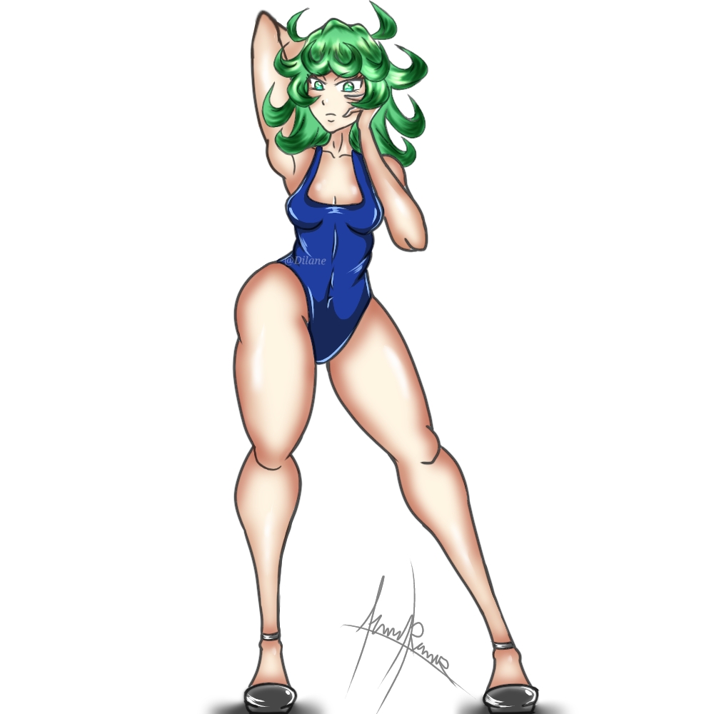 1girls arms_behind_head dilane93 female green_eyes green_hair high_heels long_legs one-piece_swimsuit one-punch_man petite small_breasts solo tatsumaki thick_thighs wide_hips