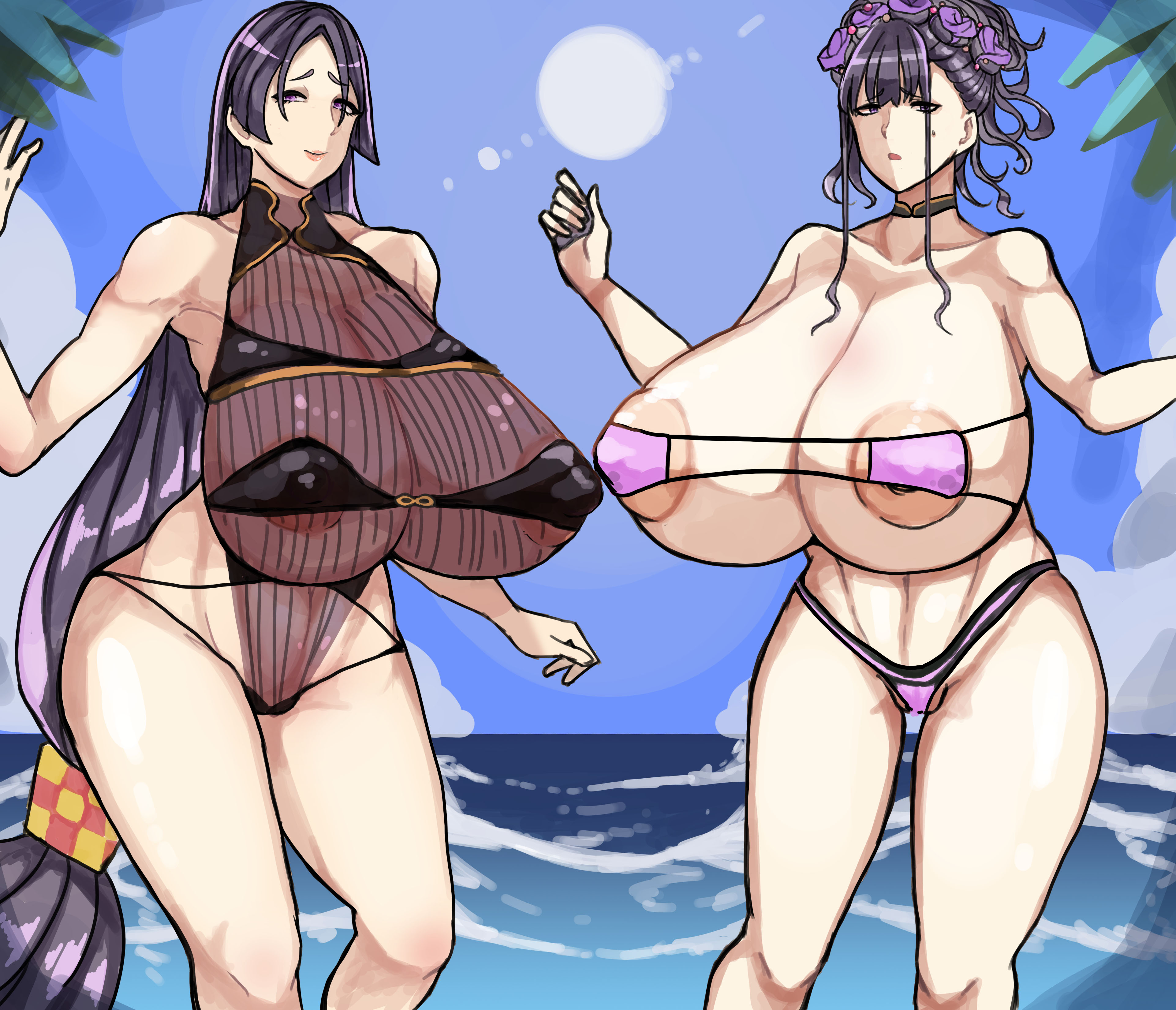 2girls, alternate version available, beach, big breasts, big nipples, big thighs, bikini, black hair, black swimsuit, blue background, breasts, breasts bigger than head, clothes swap, clothing swap, cosplay, costume change, costume swap, costume switch, covered nipples, curvy, curvy body, curvy female, curvy figure, detailed background, extremely long hair, eyepatch bikini, fate (series), fate/grand order, female, female only, gigantic breasts, hair ornament, huge breasts, hyper breasts, large breasts, long hair, looking at viewer, mature female, minamoto no raikou (fate/grand order), minamoto no raikou (fate/grand order) (cosplay), minamoto no raikou (swimsuit lancer), minamoto no raikou (swimsuit lancer) (fate) (cosplay), multiple females, multiple girls, murasaki shikibu (fate), murasaki shikibu (swimsuit rider) (cosplay), murasaki shikibu (swimsuit rider) (fate), nipples, ocean, older female, open mouth, outfit swap, pink bra, pink panties, posing, pov, purple eyes, purple hair, raised eyebrows, sea, seaside, seductive, seductive gaze, seductive look, sky, standing, sun, swimsuit, thick thighs, tied hair, translucent clothing, venus body, very long hair, voluptuous, water, yamadare