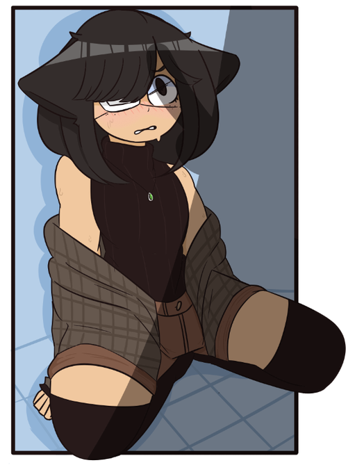 1boy, 1girls, 2021, 2d, 2d (artwork), 2d artwork, black eyes, black hair, black legwear, black thighhighs, black topwear, blue background, blush, brown shorts, clothed, clothed female, clothing, eye patch, female, female focus, flannel, imminent sex, legwear, male, medium hair, necklace, nervous, on knees, penis, penis out, penis shadow, penismaster48, roblox, roblox avatar, robloxian, shadow, shocked, shorts, silhouette, silhouetted body, simple background, sleeveless, sweat, thighhighs, thighs, two-tone background, unknown character, white background