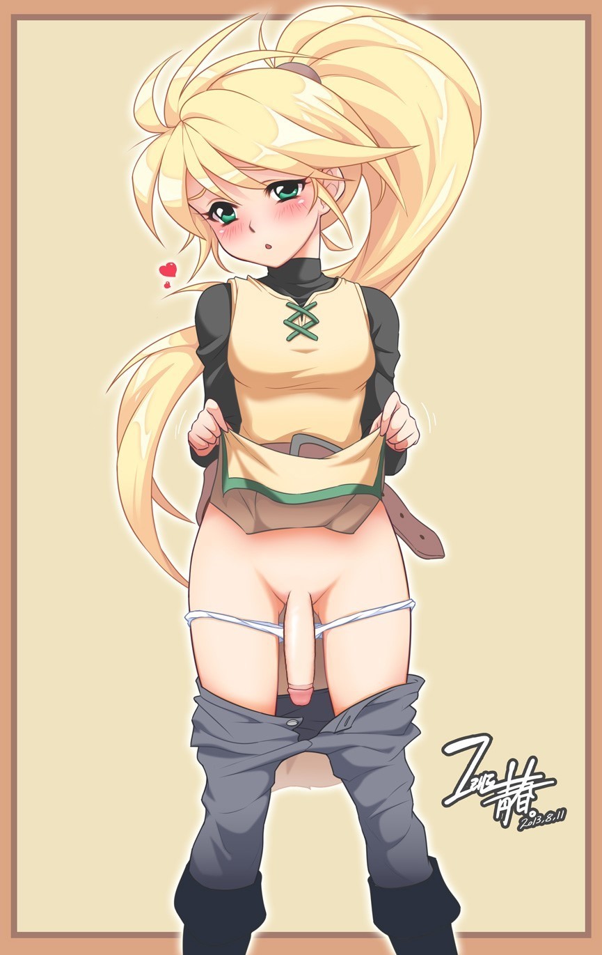 1futa belt blonde_hair blush boots breasts clothed clothing dated full-face_blush futa_only futanari green_eyes guraedo-chungchoon heart highres human littlemedecine long_hair open_fly pale_skin panties pants_down pants_pull panty_pull partially_clothed penis pokemon pokemon_adventures pokemon_rgby ponytail presenting scrunchie signature skirt skirt_lift small_breasts standing underwear unzipped yellow_(pokemon) yellow_eyes