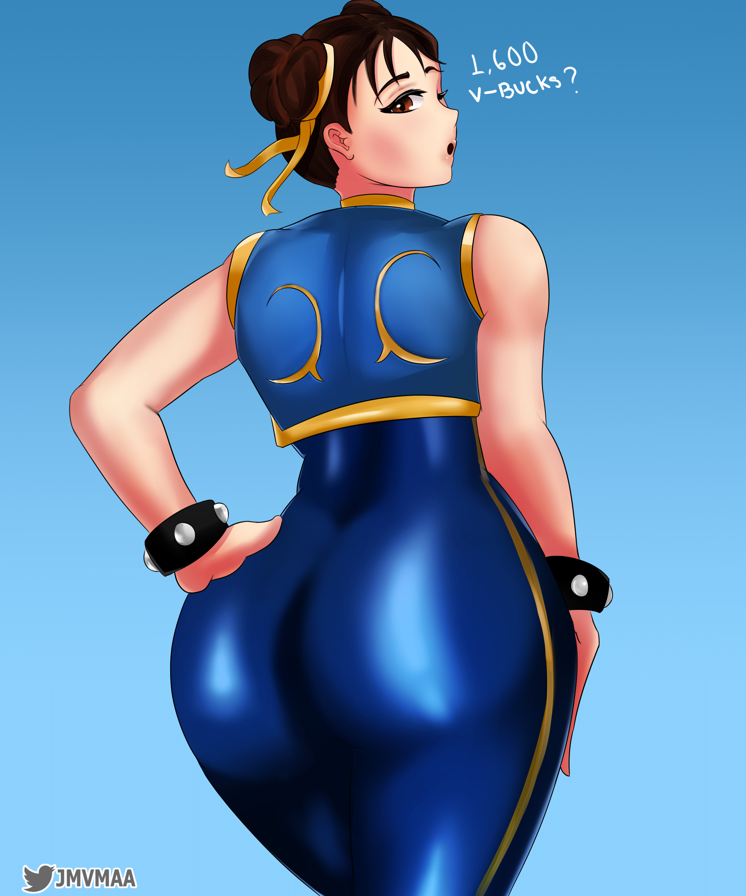 1girls, ass, ass focus, ass grab, backview, big ass, big butt, blue background, bracelet, braid, braided hair, brown eyes, brown hair, capcom, chun-li, chun-li (fortnite), chun-li (street fighter alpha), clothed, clothes, clothing, collaboration skins, double bun, female, female only, fortnite, hand on ass, hips, jmvmaa, latex, leotard, looking at viewer, looking back, muscles, open mouth, ribbon, ribbons, solo, solo female, spiked bracelet, street fighter, street fighter alpha, thick thighs, thighs, tight clothing, video games, wide hips