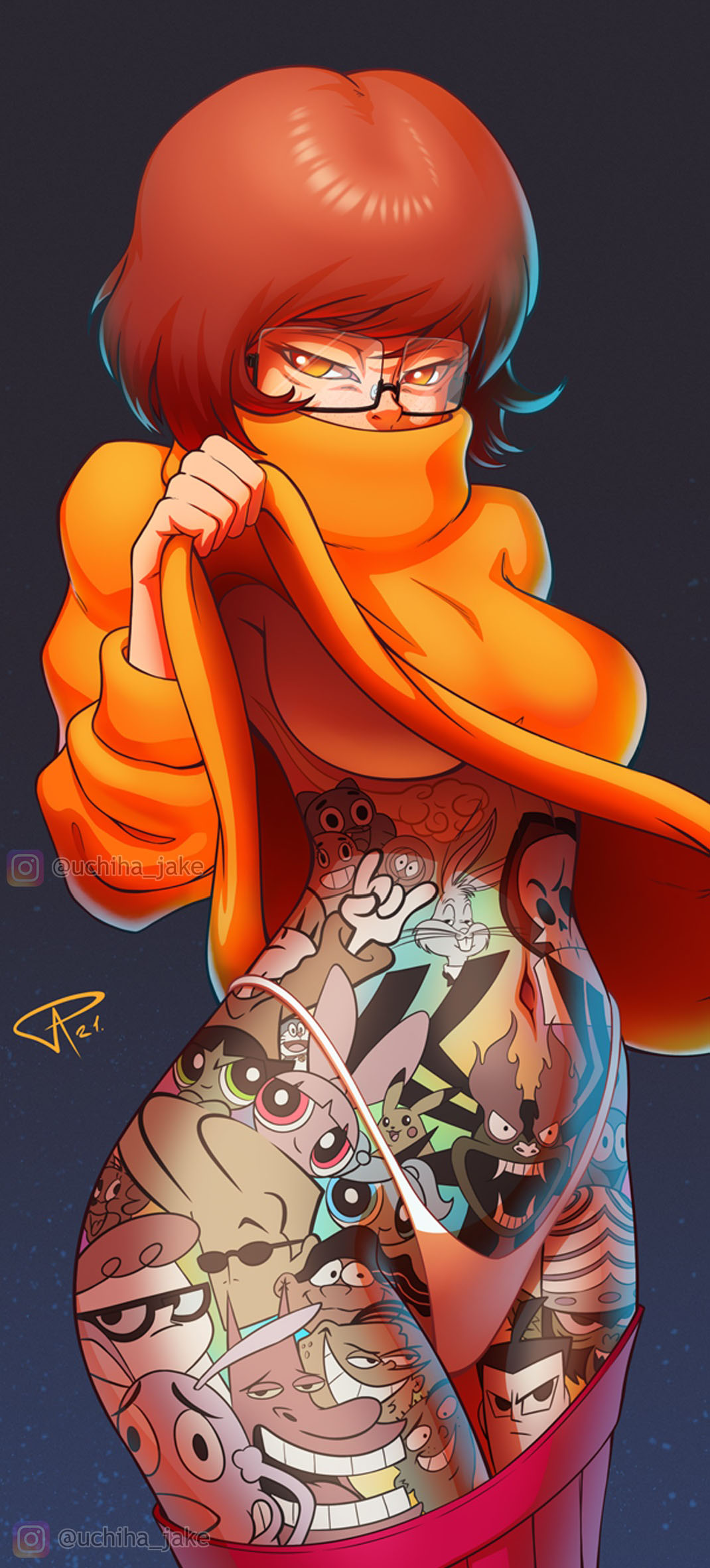 big breasts, breasts, brown hair, busty, closed eyes, female, full body tattoo, g-string, glasses, hanna-barbera, hourglass figure, large breasts, pinup, pinup pose, pose, posing, scooby-doo, shirt lift, short hair, tattoo, turtleneck, turtleneck sweater, uchihajake, underboob, velma dinkley, wide hips