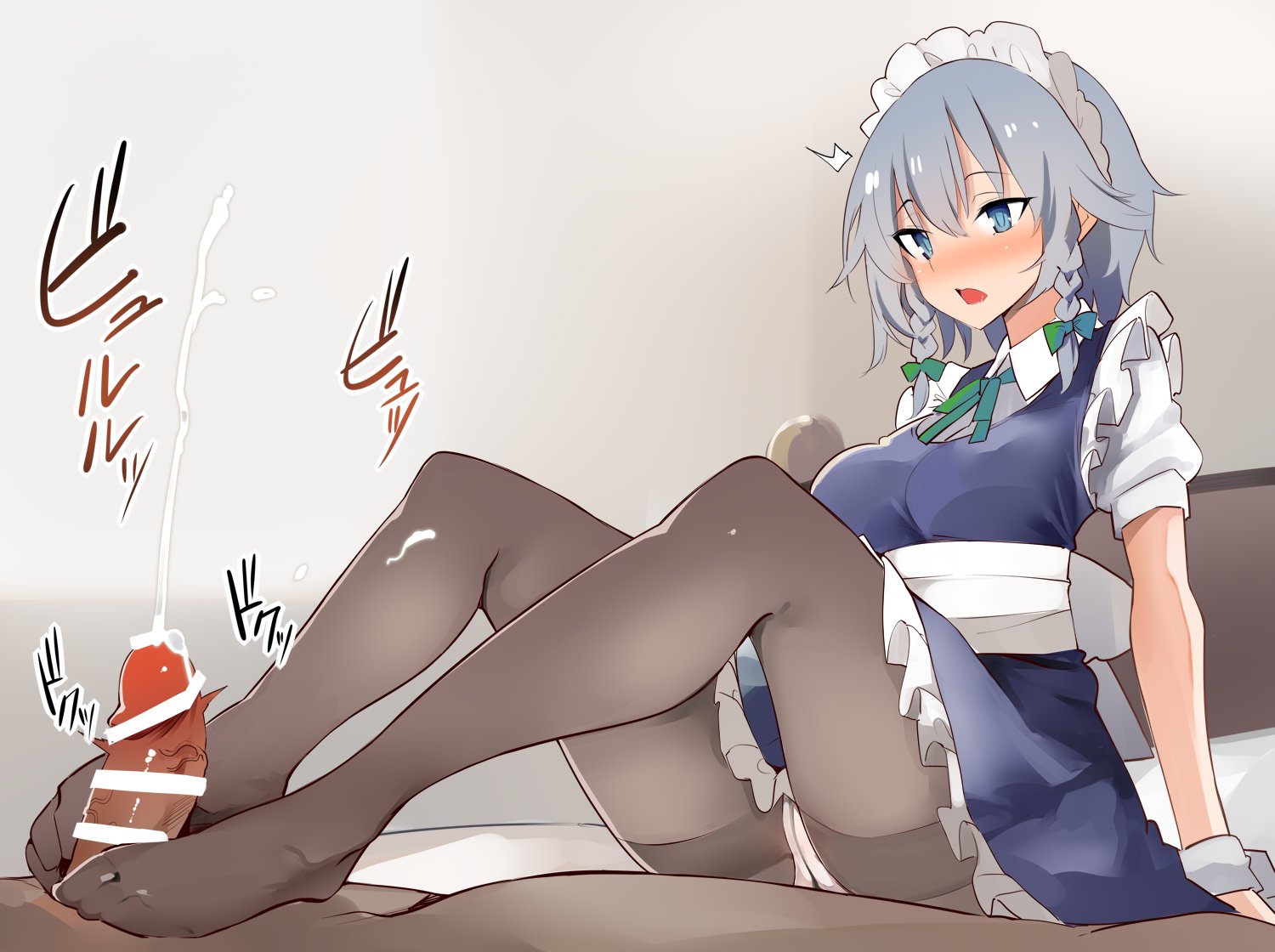 1girls, blue eyes, clothed female, clothed female nude male, cum, cum shot, dress, ejaculation, feet on penis, female, female focus, foot fetish, foot play, footjob, footjob in dress, footjob with legwear, green ribbons, hair ornament, kamukamu (ars), maid, maid headdress, maid uniform, male, male/female, nude, nude male, offscreen male, open mouth, pantyhose, penis, sakuya izayoi, sex in dress, straight, submissive male, touhou