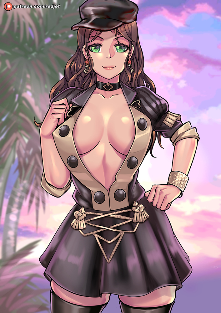 1girls, areola, areolae, bare thighs, black skirt, breasts, brown hair, choker, collarbone, dorothea arnault, earrings, female, fire emblem, fire emblem: three houses, front view, fully clothed, garreg mach monastery uniform, green eyes, hat, large breasts, lips, long hair, looking at viewer, nintendo, no bra, palm tree, pleated skirt, redjet, skirt, smile, solo, thick thighs, thighhighs, wide hips