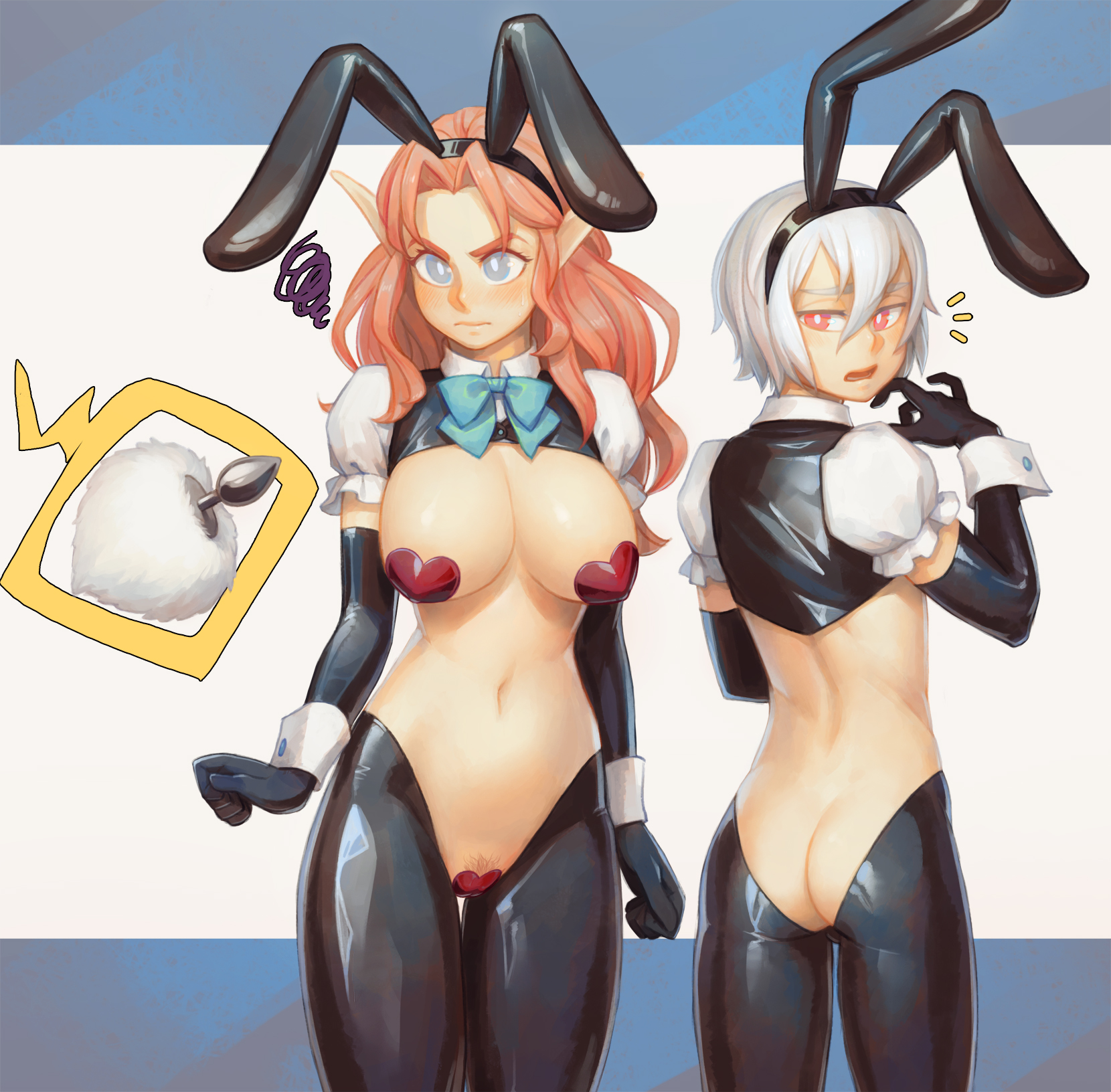 1boy, 1girls, advanced-random, anal plug, ass, bisexual, both sexes in same situation, breasts, bunny ears, bunnysuit, buttplug, buttplug tail, dawn (advanced-random), duo, elbow gloves, embarrassed, female, femboy, femsub, gloves, latex, latex gloves, maebari, male, male and female focus, male and female subs, malesub, multiple subs, orange hair, pasties, pointy ears, revealing clothes, reverse bunnysuit, shiny clothes, skimpy clothes, tail plug, tenshi (advanced-random), tight clothing, white hair