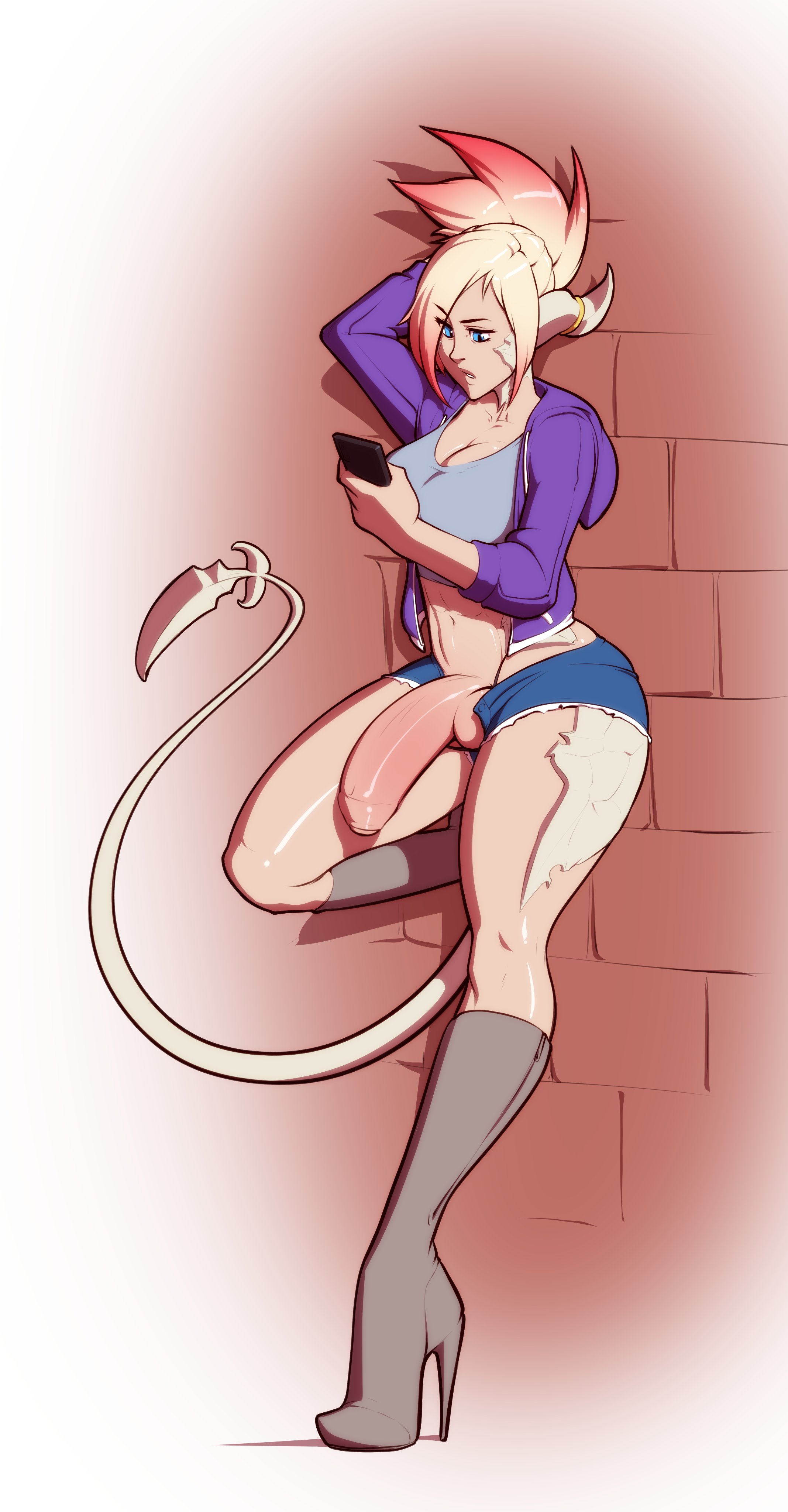 1futa, absurdres, au ra, balls, big penis, blonde hair, breasts, casual boner, casual exposure, clothed, clothing, dickgirl, erection, final fantasy, final fantasy xiv, foreskin, futa only, futanari, half-erect, high heel boots, high heels, highres, horns, humanoid, humanoid penis, intersex, open pants, pale skin, partially clothed, penis, penis out, phone, red hair, scales, shorts, solo, standing, svenners, tail, two-tone hair, uncircumcised, uncut