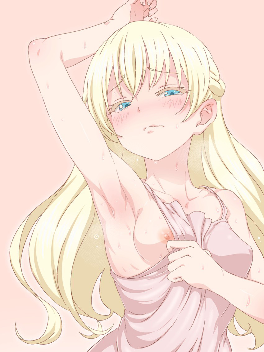 armpits arms_up asobi_asobase blonde_hair blue_eyes blush edit nekomate14_edited olivia_(asobi_asobase) tank_top tank_top_lift